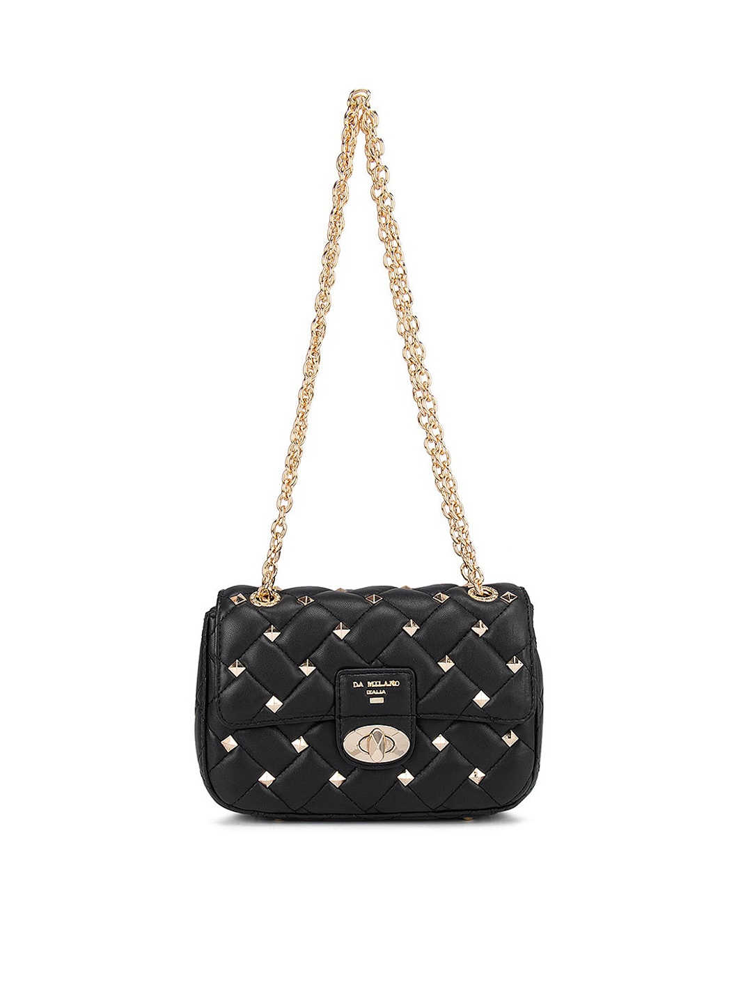 

Da Milano Black Embellished Leather Structured Shoulder Bag with Quilted