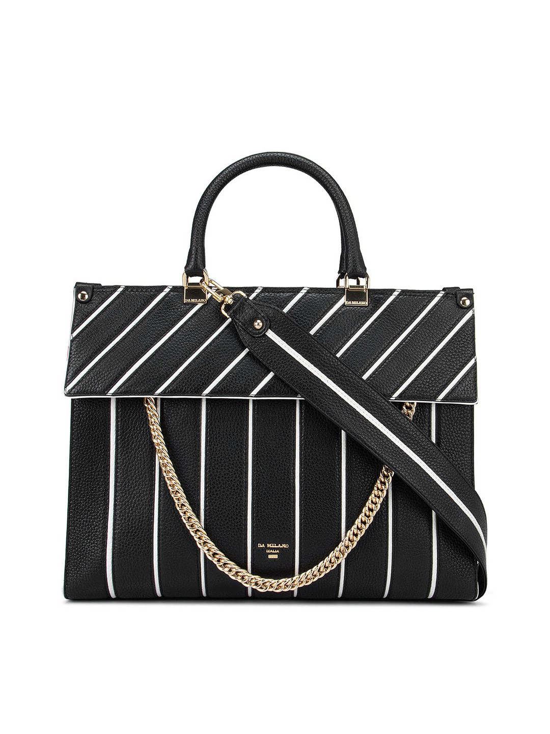 

Da Milano Black Geometric Striped Leather Structured Satchel