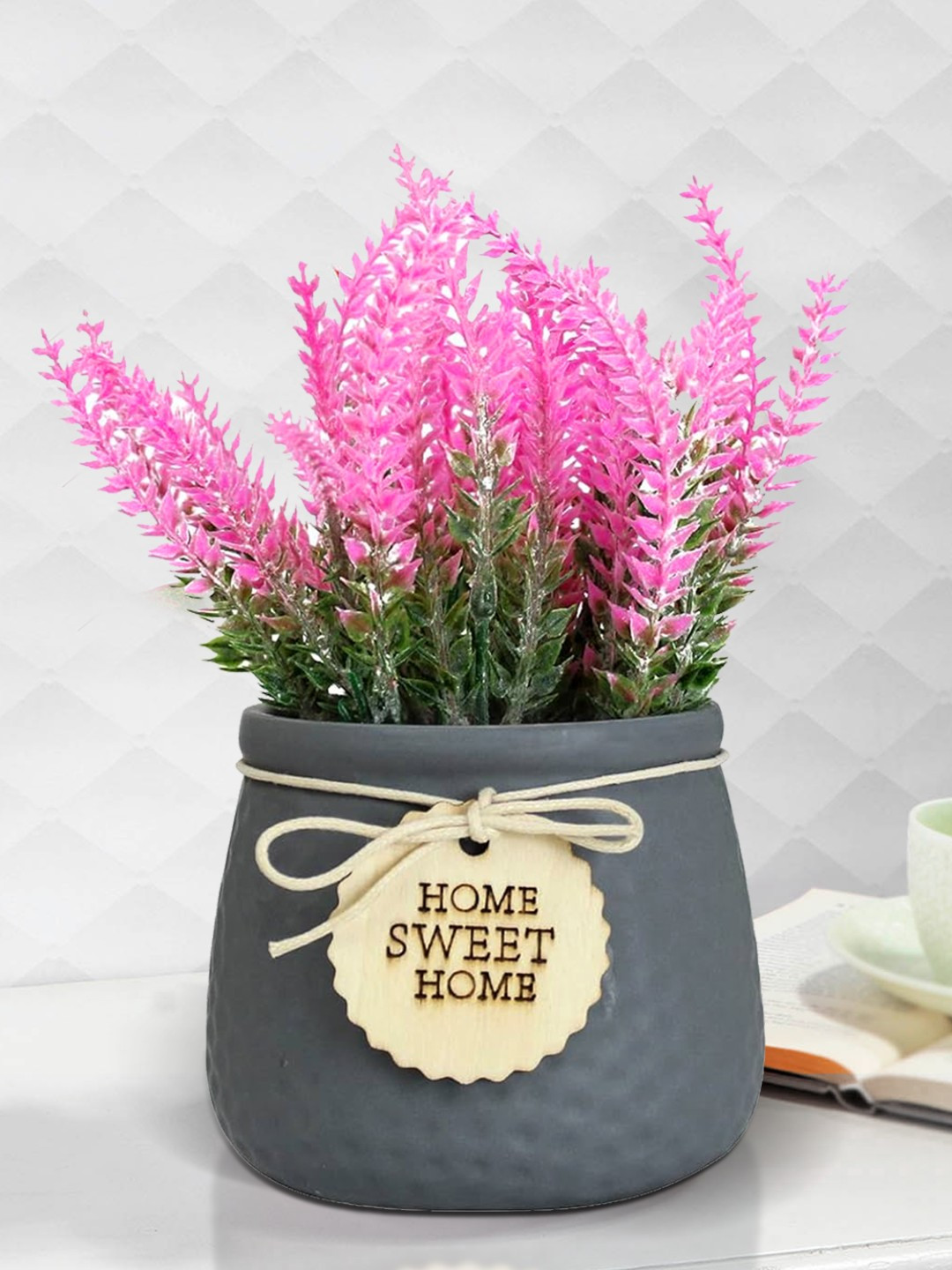 

TIED RIBBONS Pink & Grey Artificial Lavender Flowers Plant with Pot