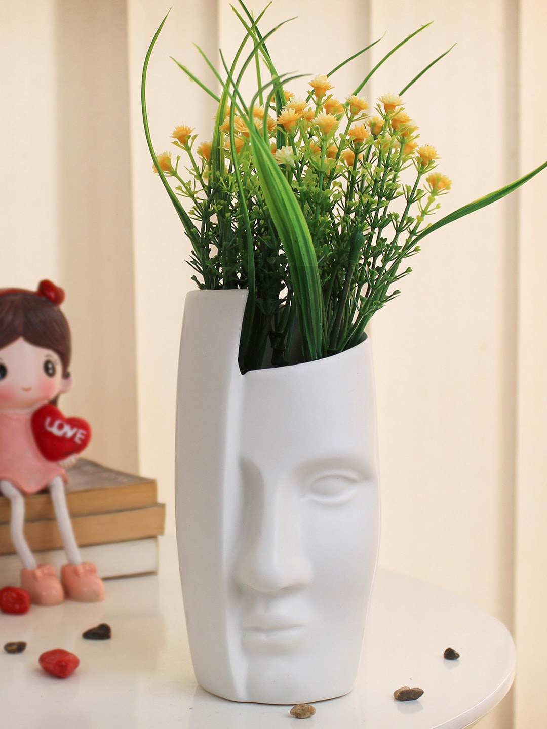 

TIED RIBBONS Gypsophila Artificial Flowers & Plants With Face Pot Vase, Yellow