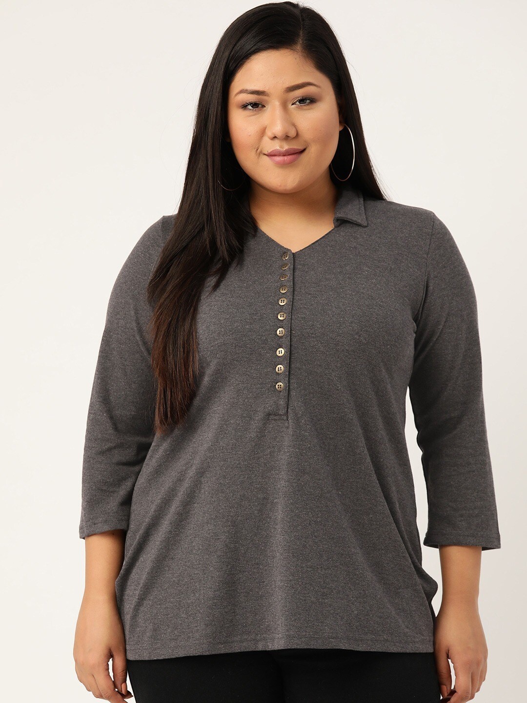 

theRebelinme Plus Size Women Charcoal Polo Collar Pure Cotton T-shirt