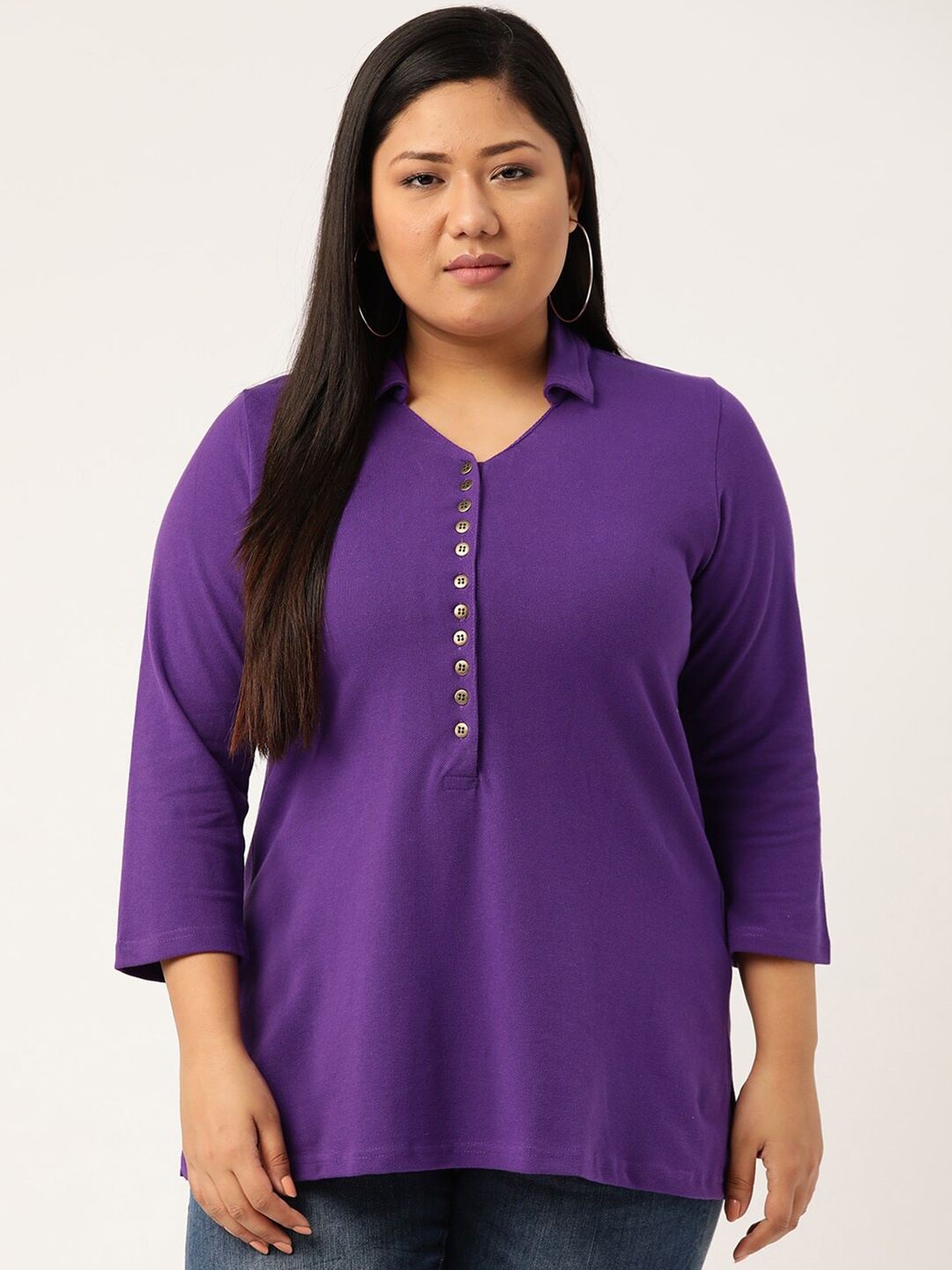 

theRebelinme Women Plus Size Purple Cotton Solid V-Neck T-shirt