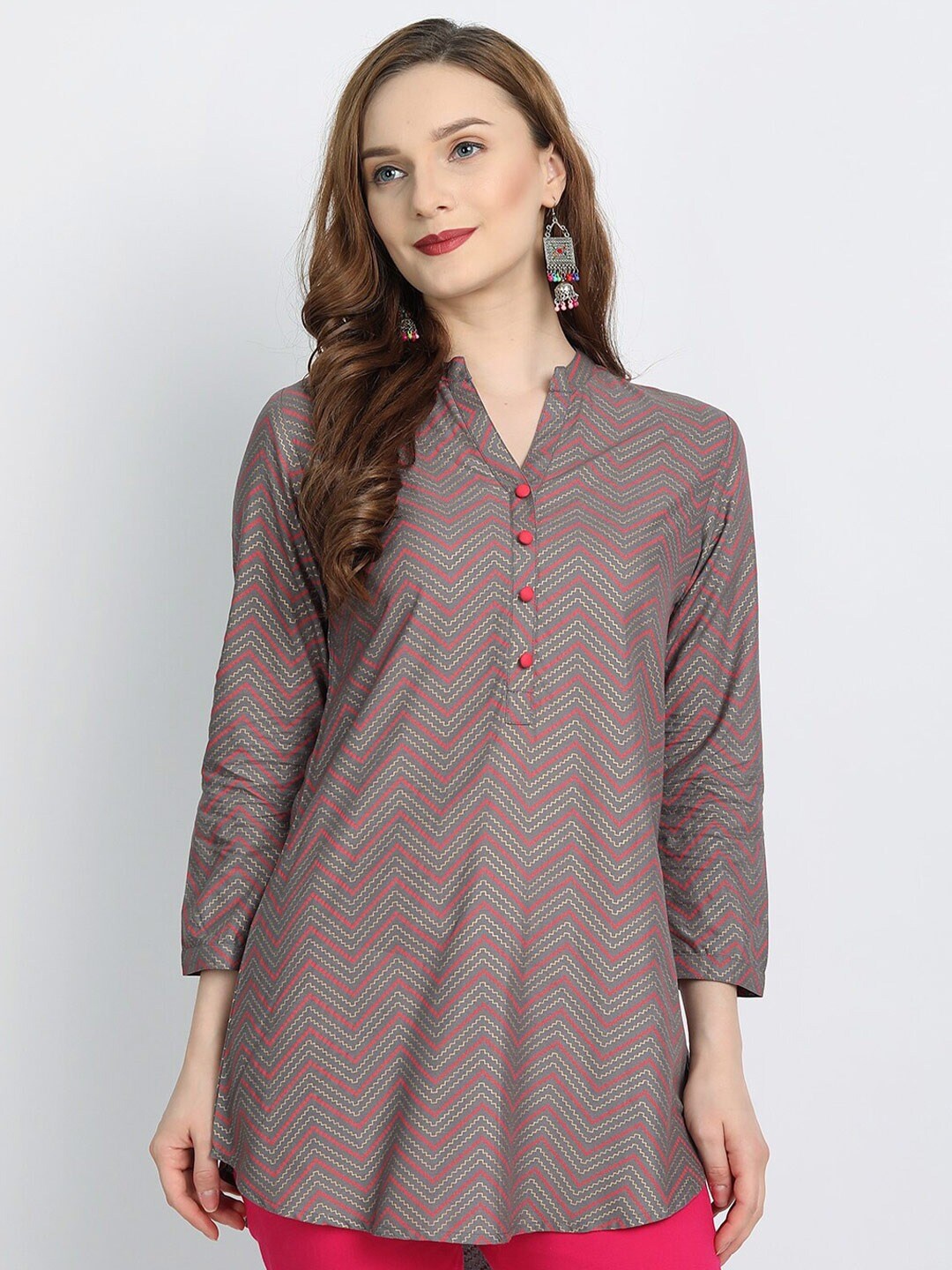 

fabGLOBAL Grey Geometric Print Mandarin Collar Top