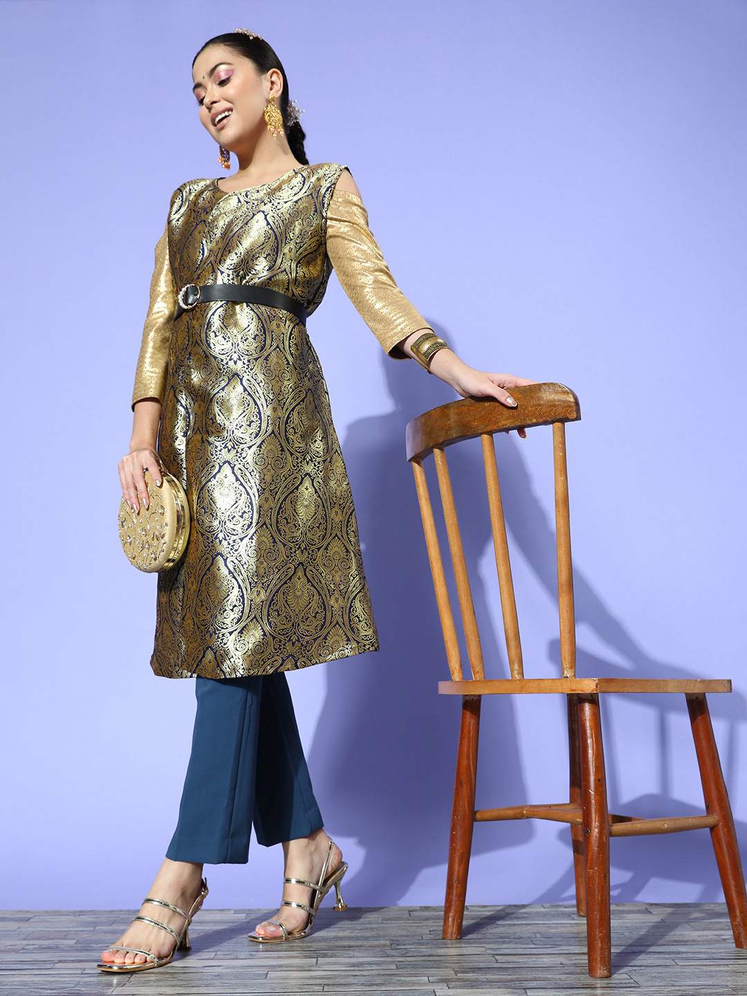 

InWeave Women Deep Navy Blue Self-Design Brocade Jacket