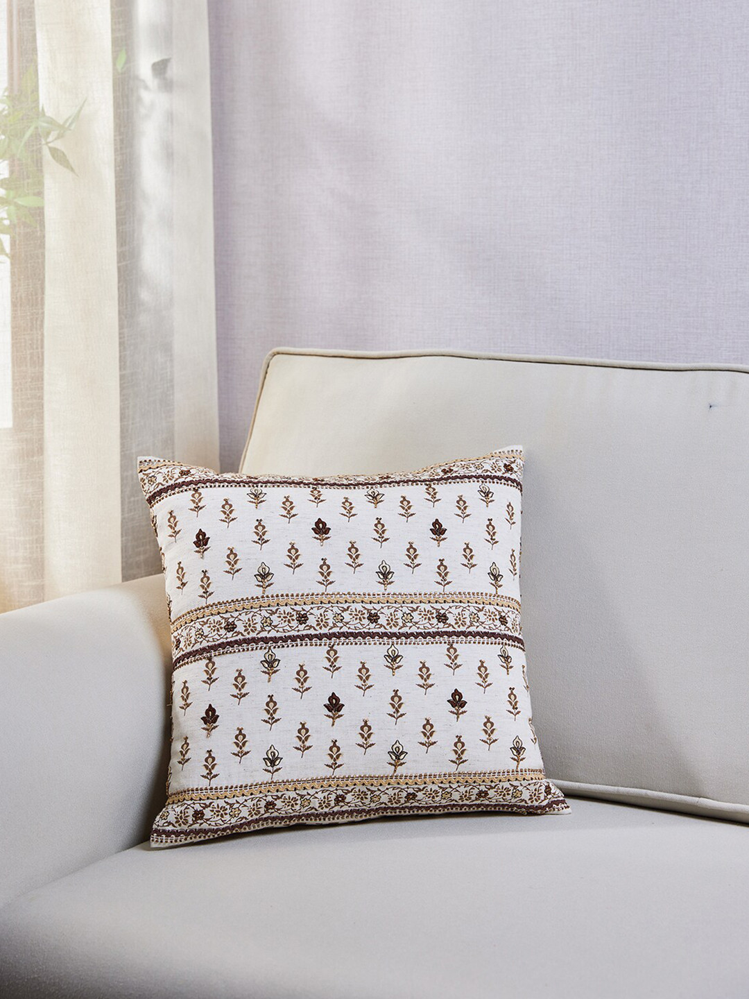 

Pure Home and Living Brown & Off White Ethnic Motifs Printed Square Cushion Cover