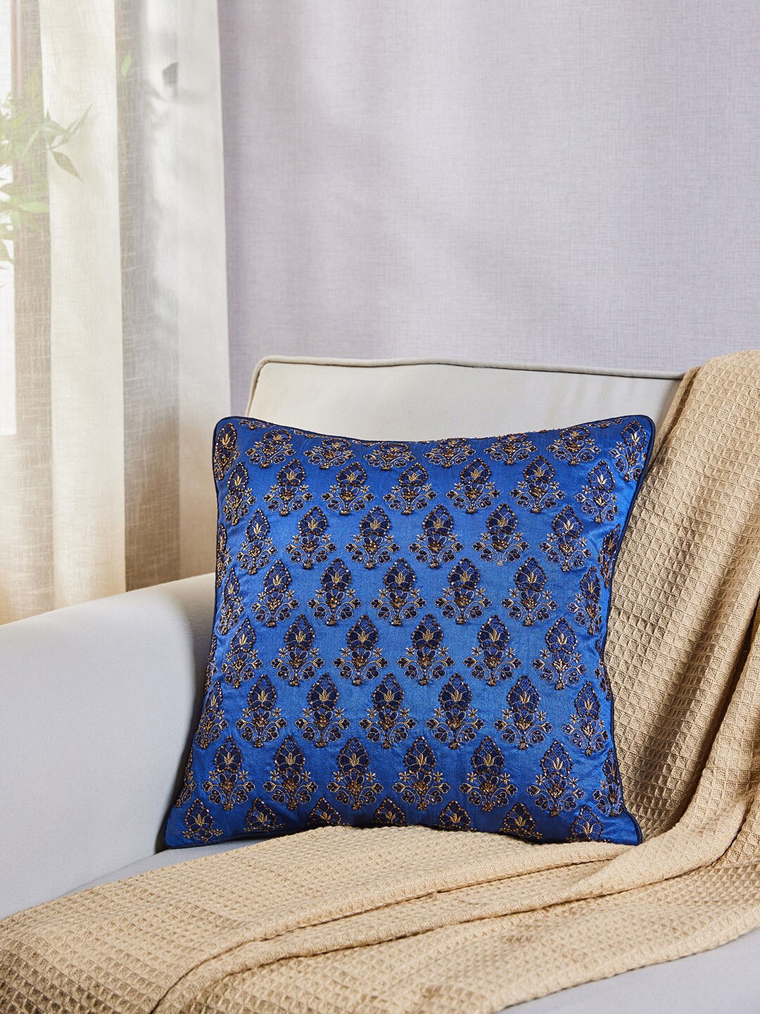 

Pure Home and Living Blue & Gold-Toned Embroidered Square Cushion Cover