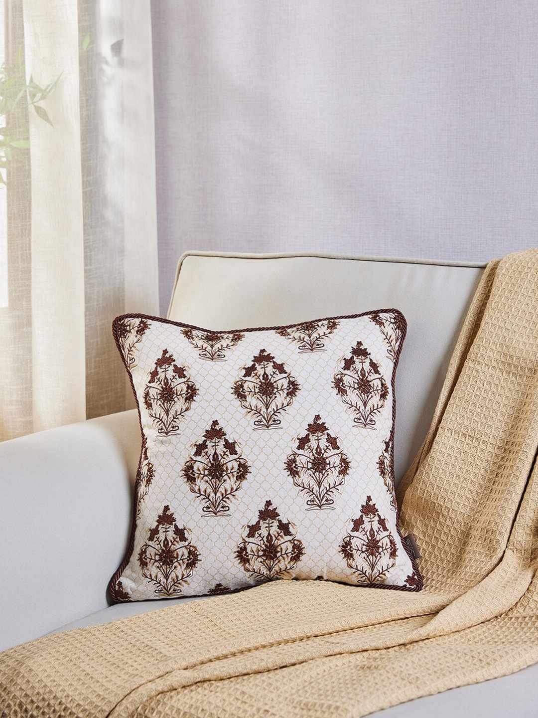 

Pure Home and Living Brown & Cream-Coloured Embroidered Square Cushion Cover