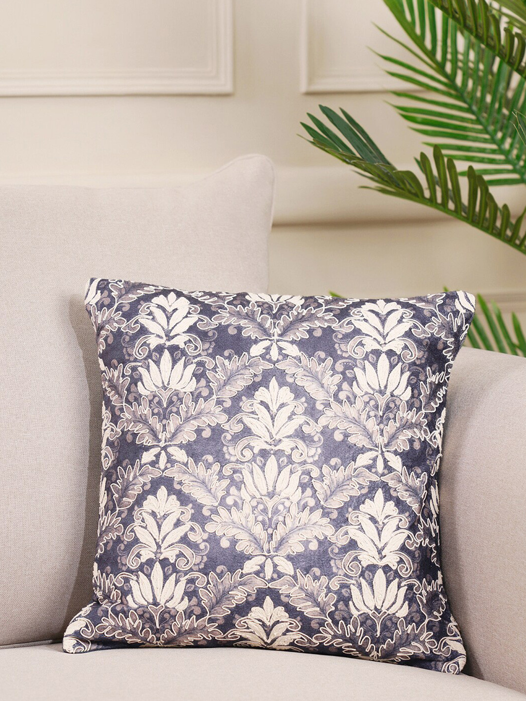 

Pure Home and Living Grey & Off White Embroidered Velvet Square Cushion Cover