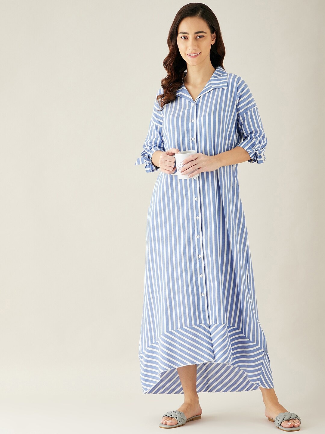 

The Kaftan Company Women Blue Striped Maxi Nightdress