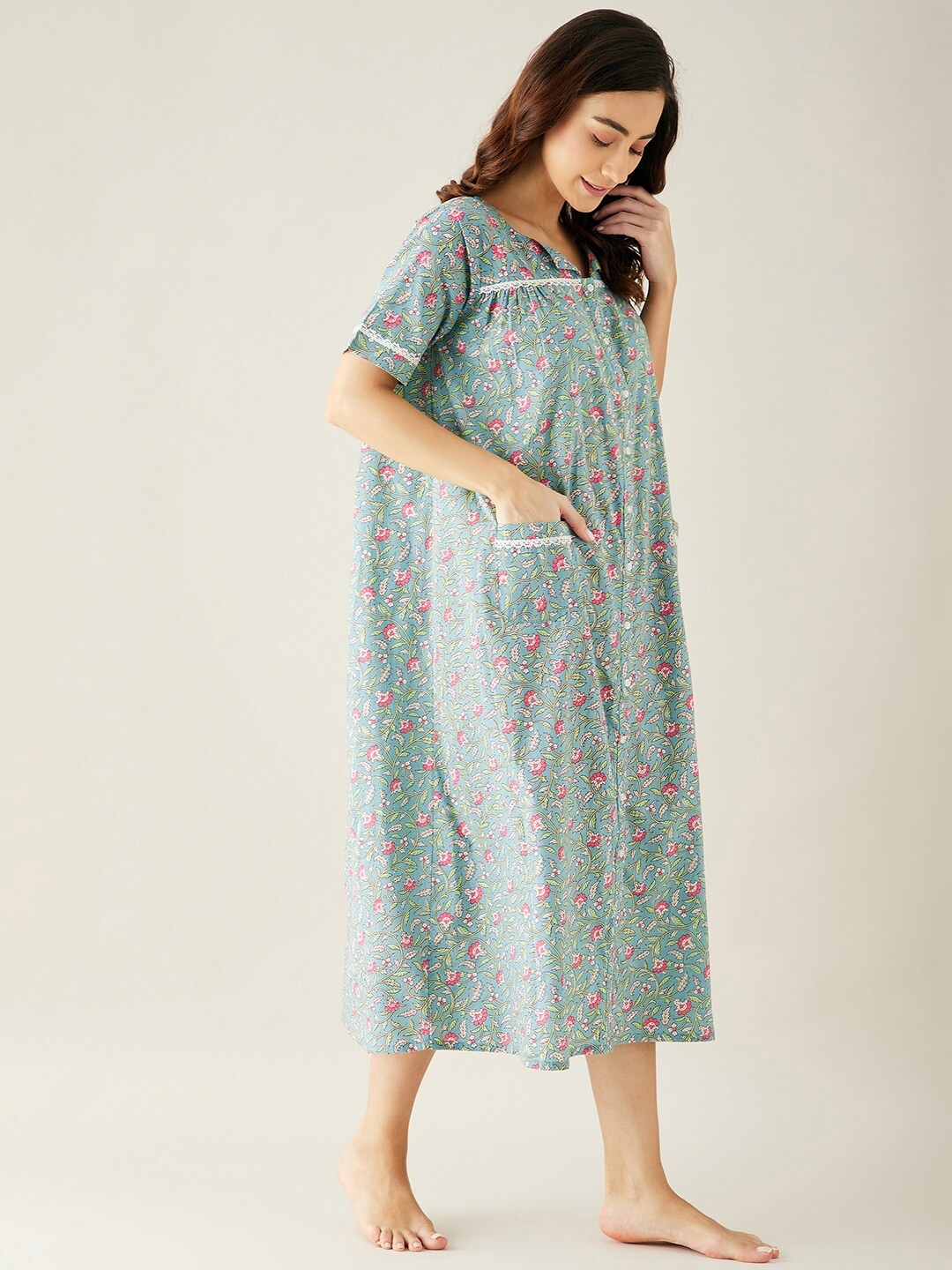 

The Kaftan Company Women Blue Printed Nightdress