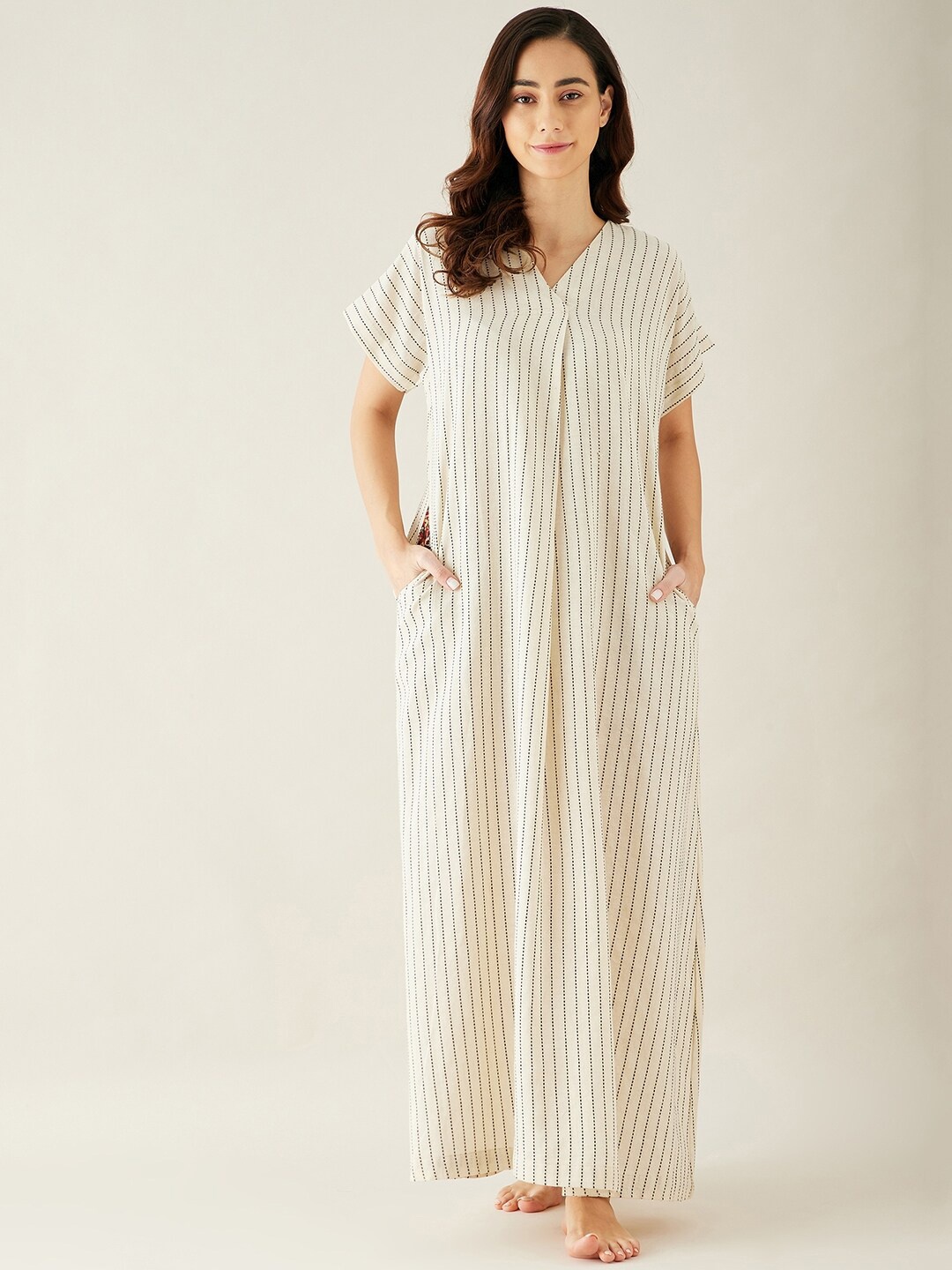 

The Kaftan Company Women Off White Striped Maxi Nightdress