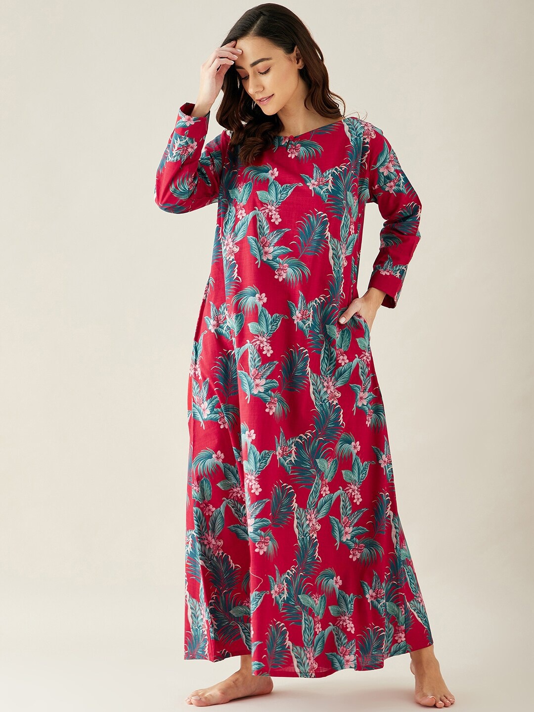 

The Kaftan Company Women Red Printed Maxi Nightdress