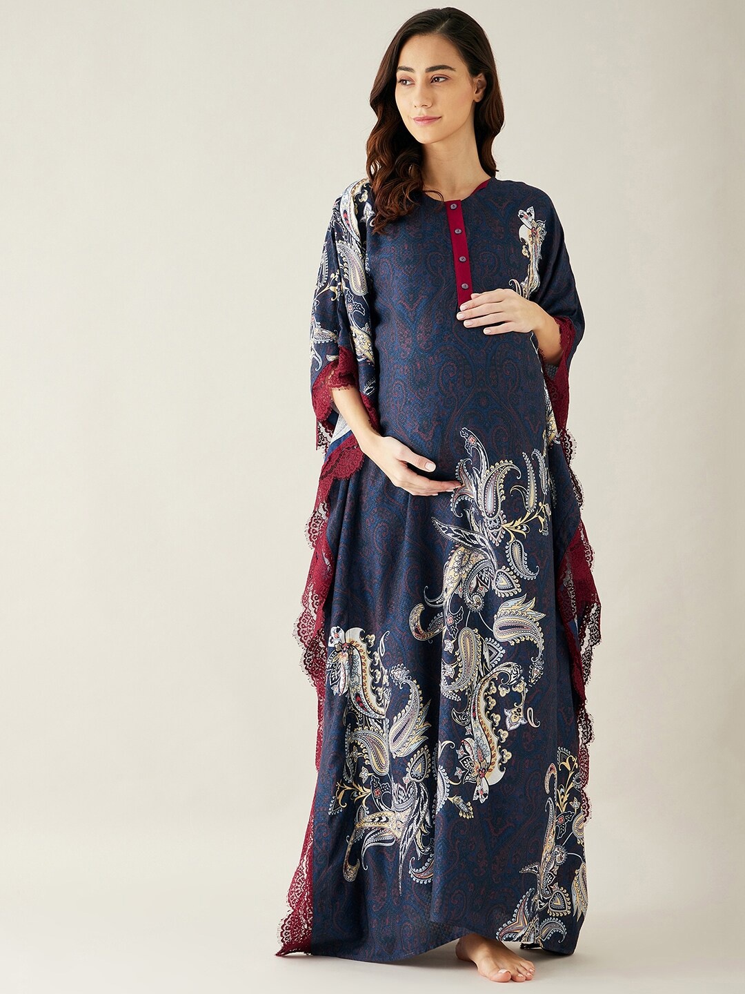 

The Kaftan Company Women Navy Blue Printed Maternity Kaftan Maxi Nightdress