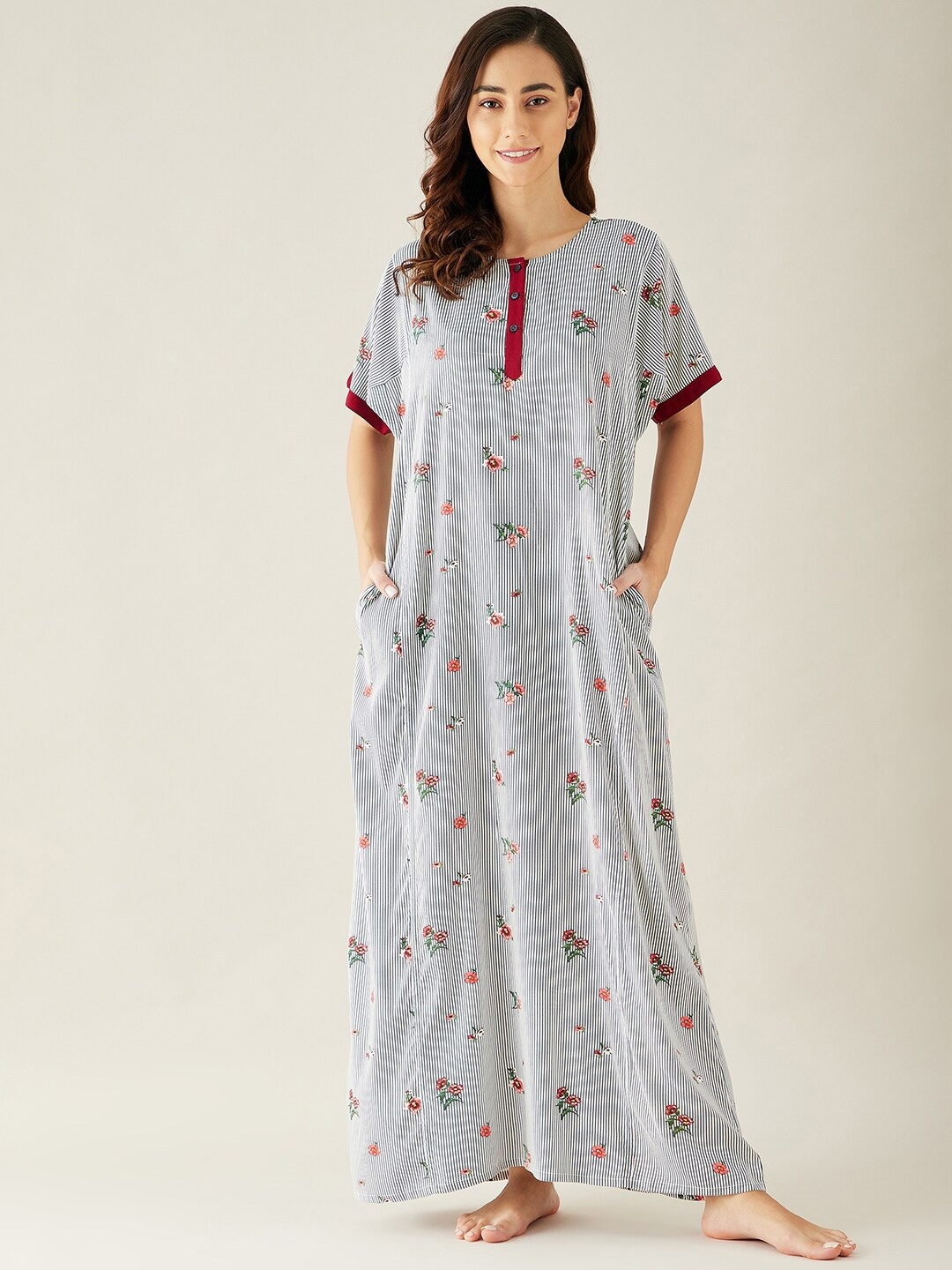 

The Kaftan Company Women White Striped And Floral Printed Maxi Nightdress