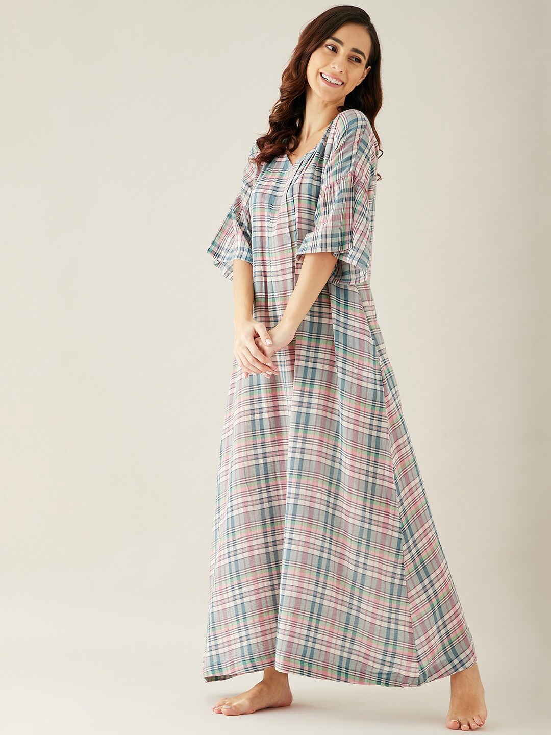 

The Kaftan Company Women Pink Checked Maxi Nightdress