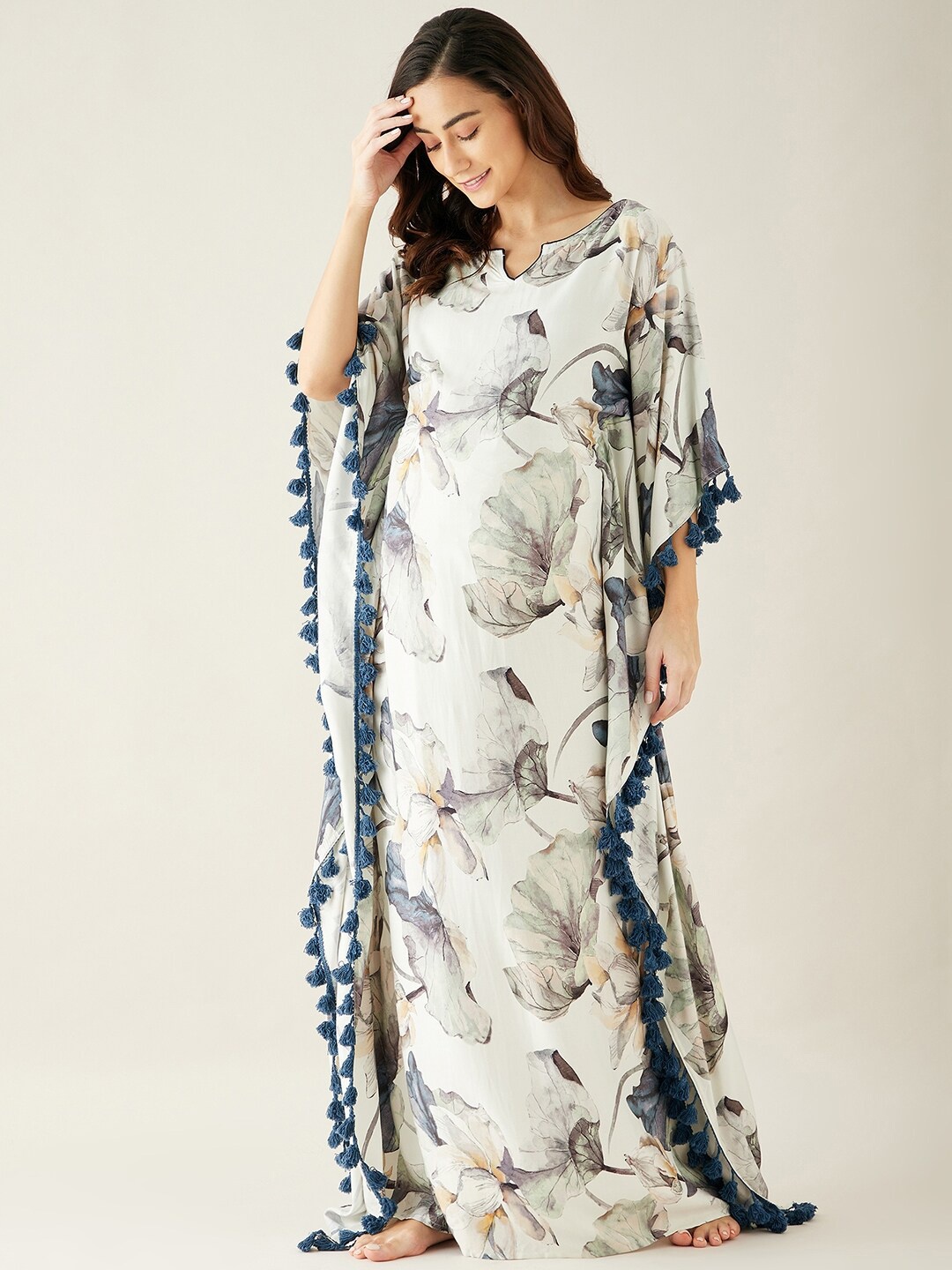 

The Kaftan Company Off White Tropical Printed Maternity Kaftan Maxi Nightdress