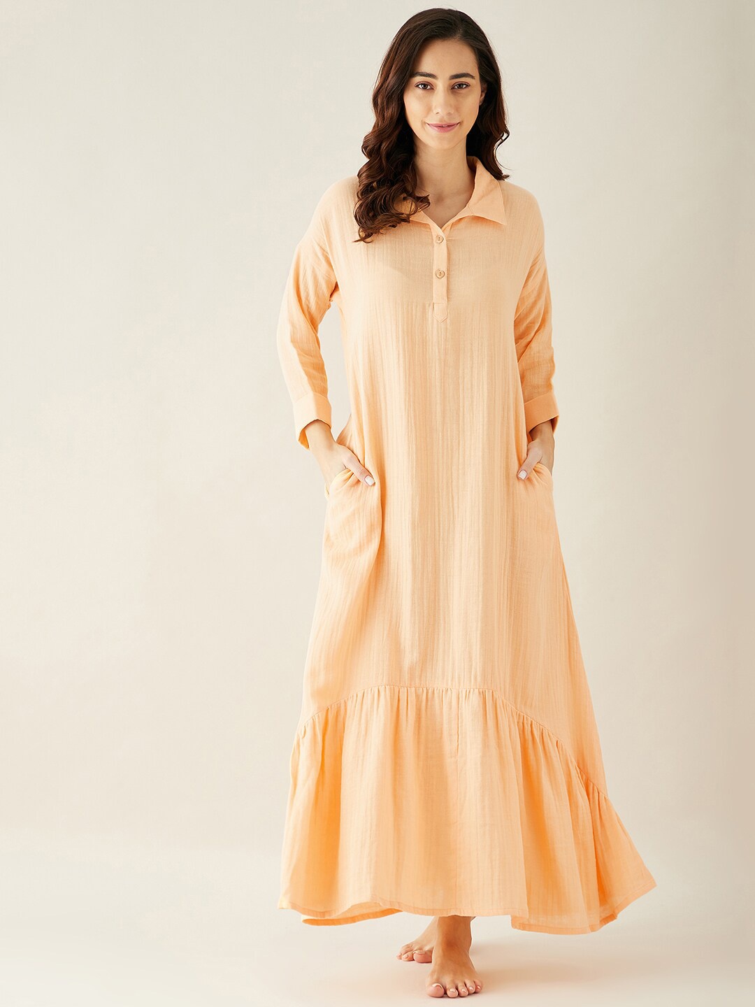

The Kaftan Company Peach-Coloured Solid Shirt Collar Cotton Maxi Nightdress