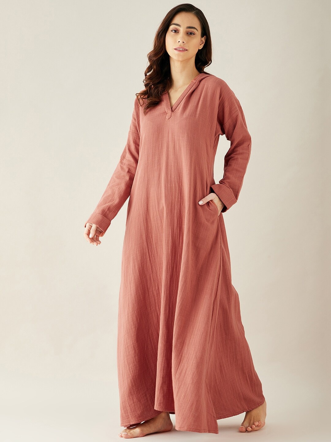 

The Kaftan Company Rust Solid Hooded Maxi Nightdress