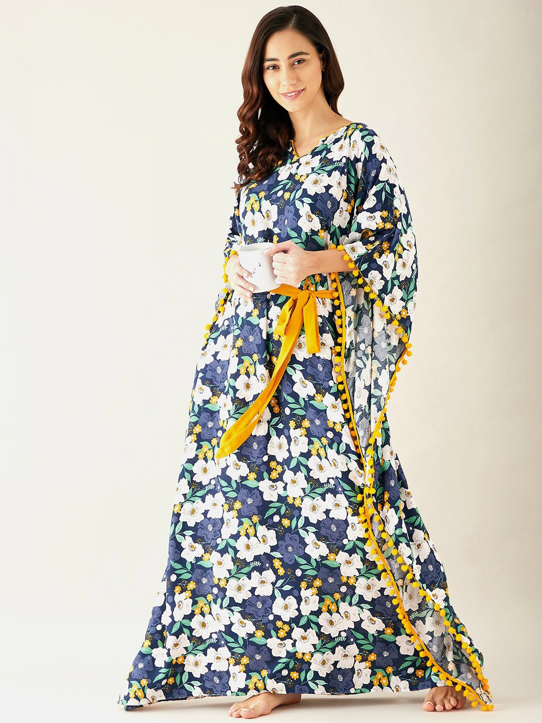 

The Kaftan Company Navy Blue Floral Printed Pom Pom Detail Kaftan Maxi Nightdress
