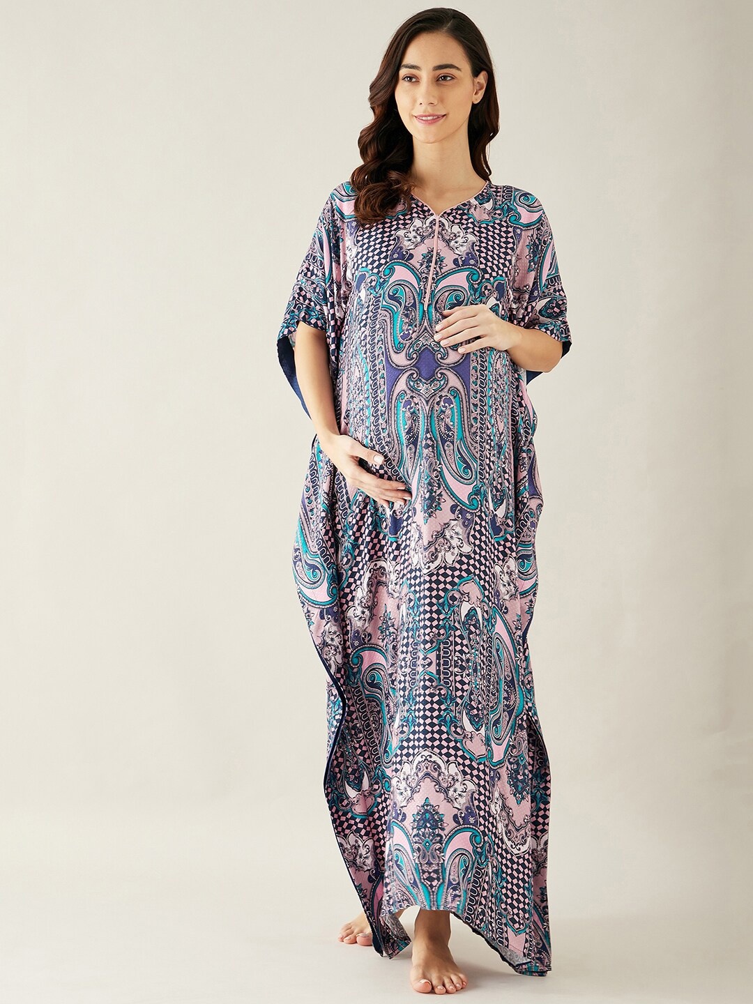 

The Kaftan Company Navy Blue Ethnic Print Maternity Maxi Nightdress