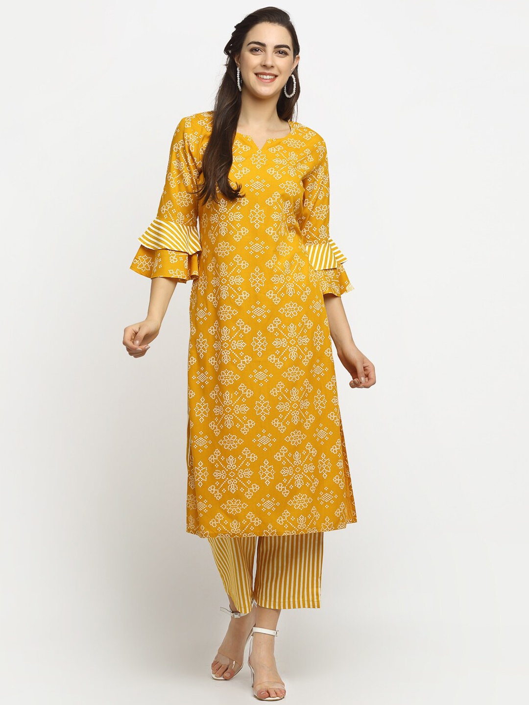

Rudra Bazaar Women Mustard Yellow Bandhani Printed Kurta with Trousers