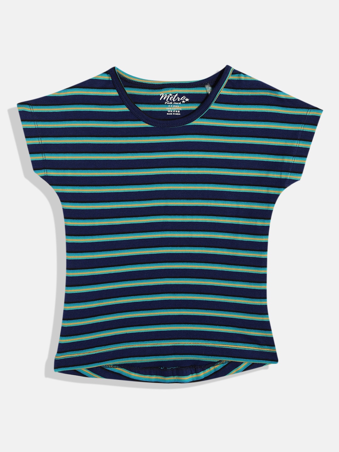 

METRO KIDS COMPANY Navy Blue & Green Striped Pure Cotton Crop Top