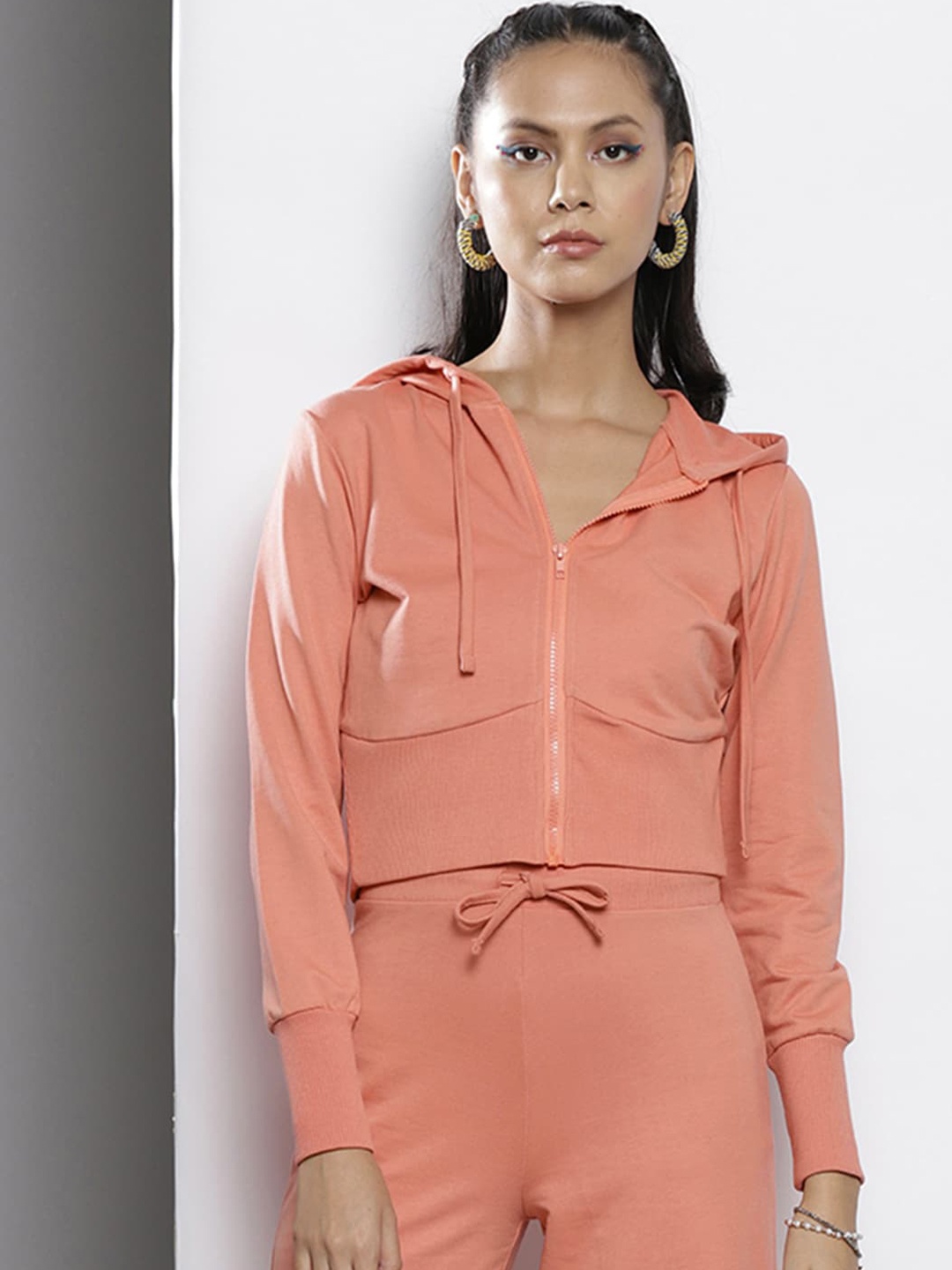 

SASSAFRAS Women Peach-Coloured Solid Crop Sporty Jacket