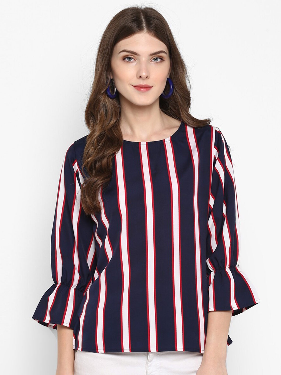 

Indietoga Navy Blue & White Striped Crepe Top