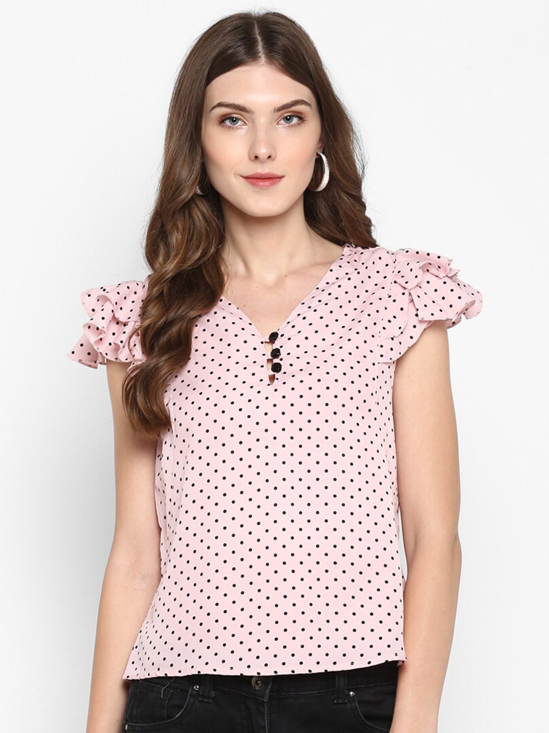 

Indietoga Pink Print Polka Dots Ruffles Crepe Top