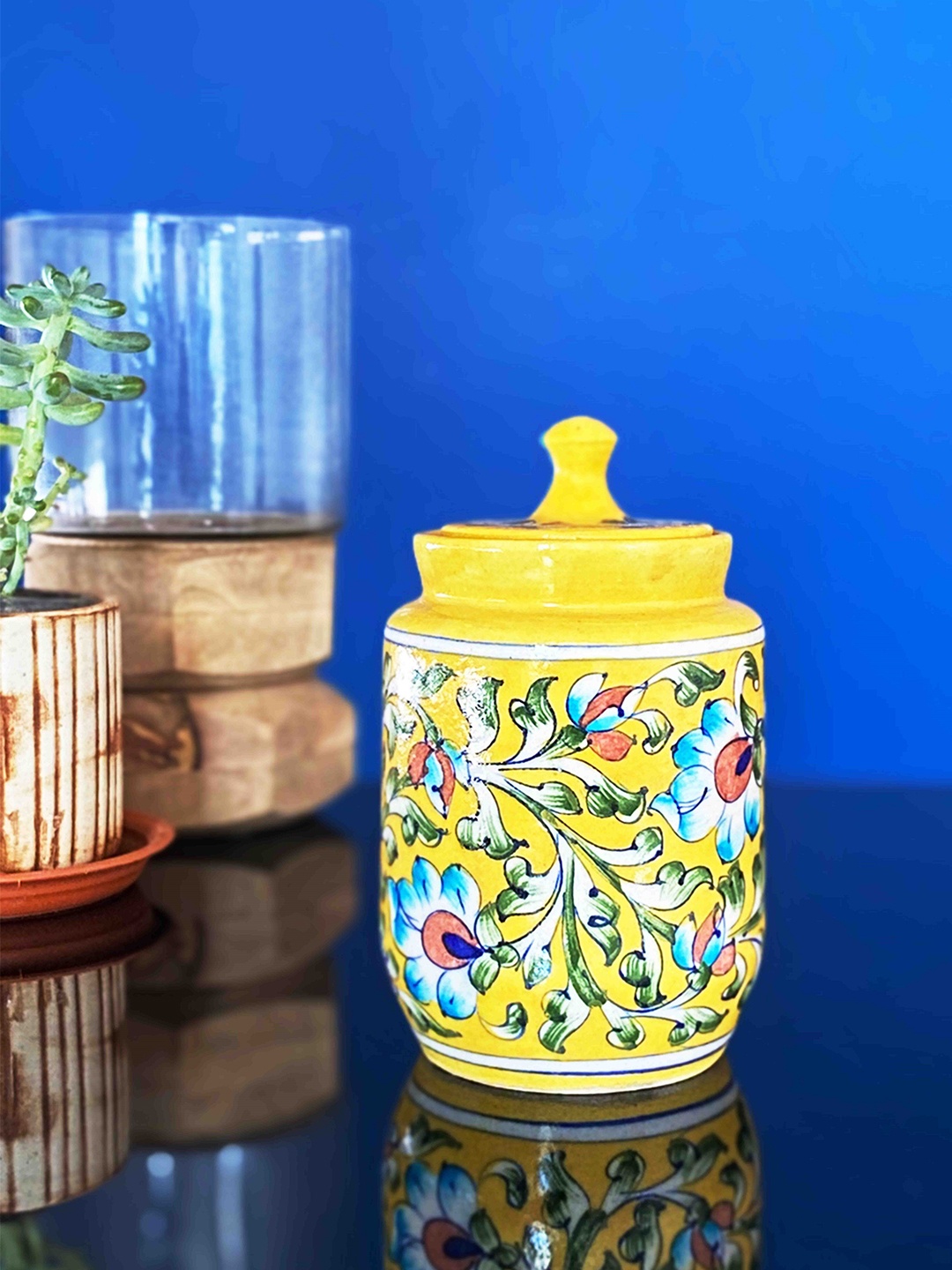 

Folkstorys Yellow Hand-painted Ceramic Storage Jar