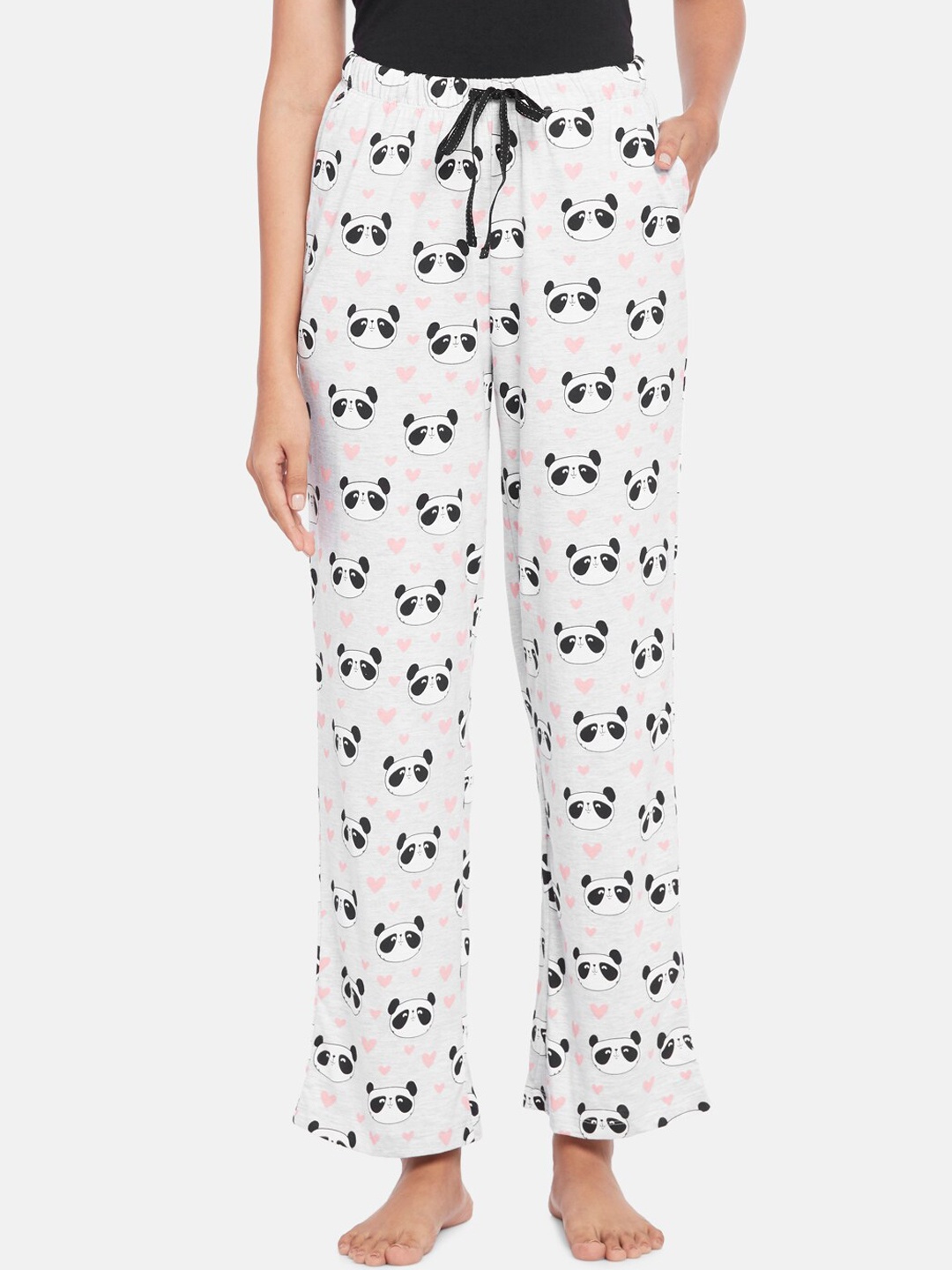 

Dreamz by Pantaloons Women Grey Melange & Black Printed Pure Cotton Lounge Pants