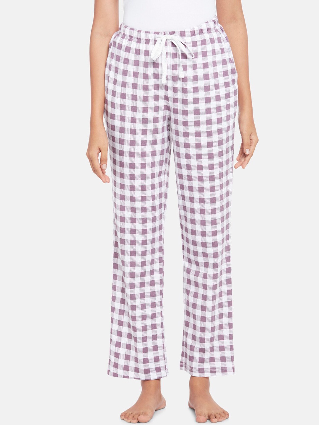 

Dreamz by Pantaloons Women Lavender-Colored & White Checked Pure Cotton Lounge Pants