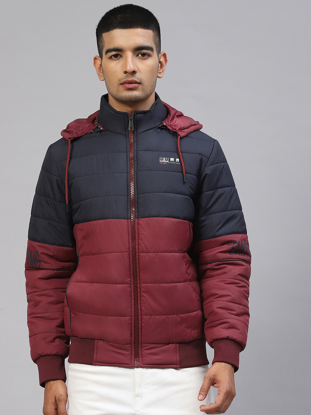 

Foreign Culture By Fort Collins Men Red & Navy Blue Colourblocked Hooded Bomber Jacket