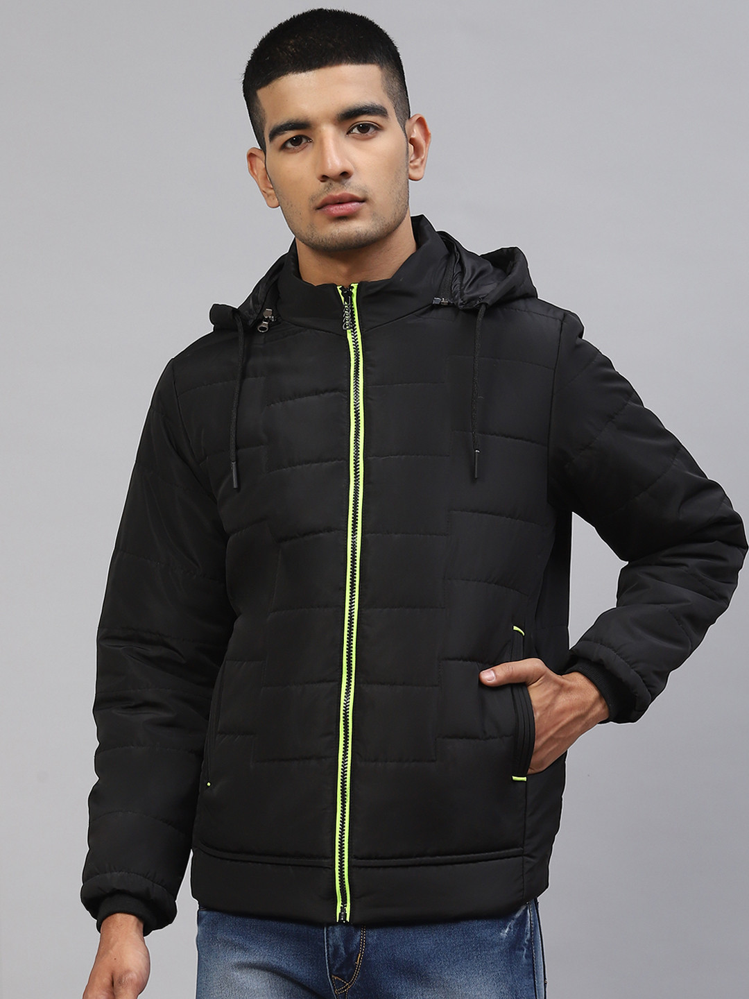 

Foreign Culture By Fort Collins Men Black Solid Detachable Hood Bomber Jacket