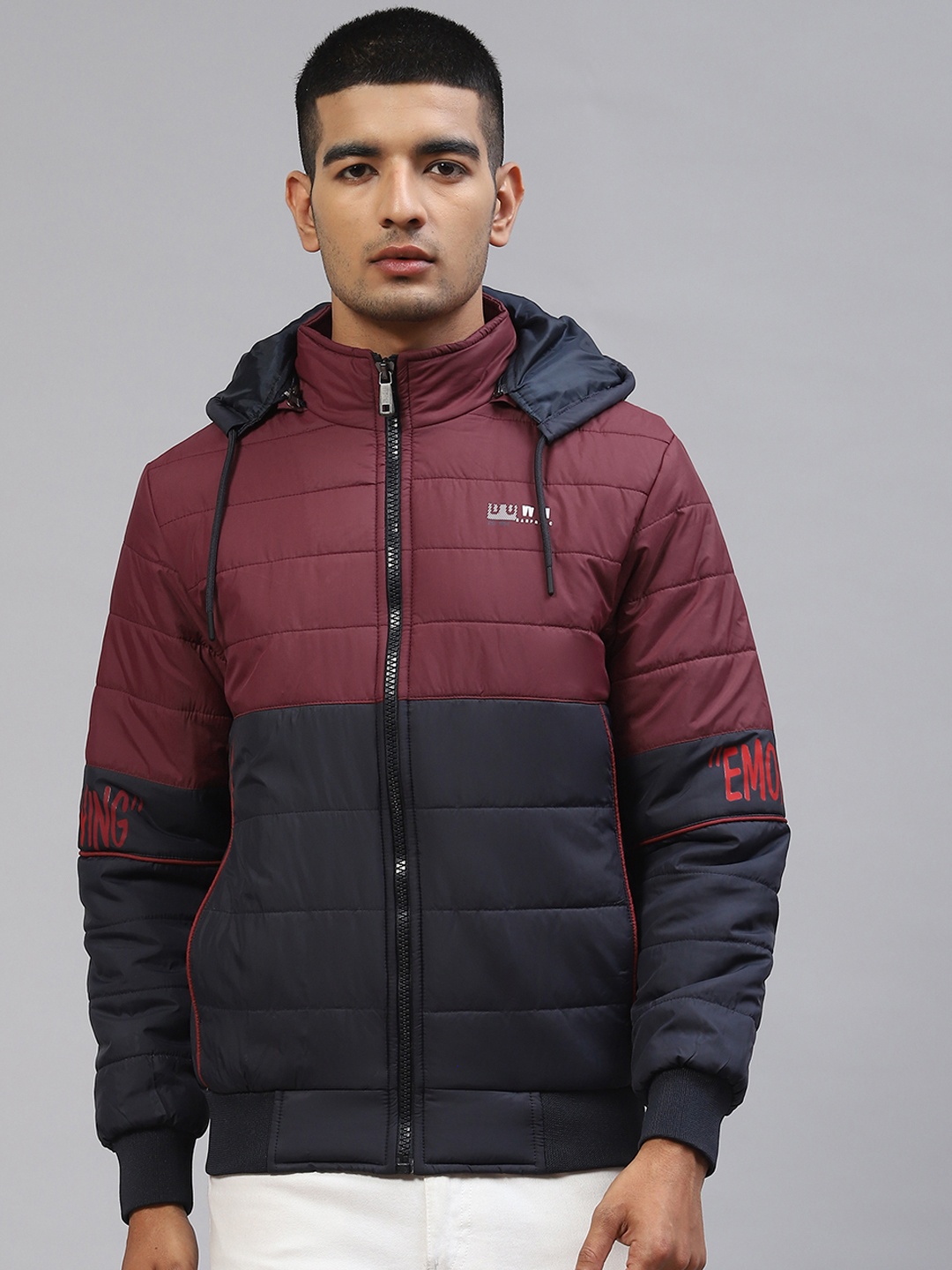 

Foreign Culture By Fort Collins Men Navy Blue & Maroon Colourblocked Hooded Bomber Jacket