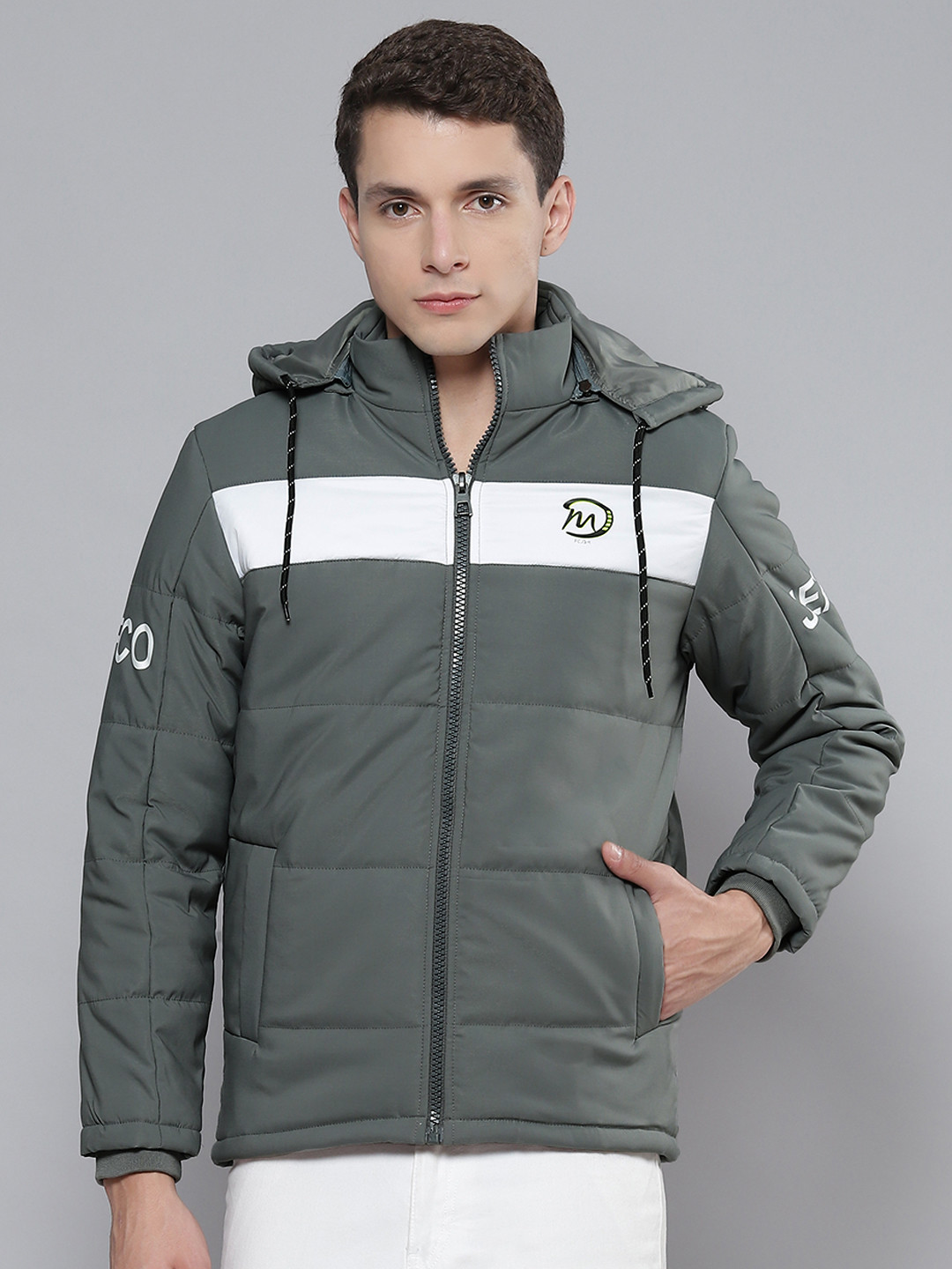 

Fort Collins Men Grey & White Striped Padded Jacket
