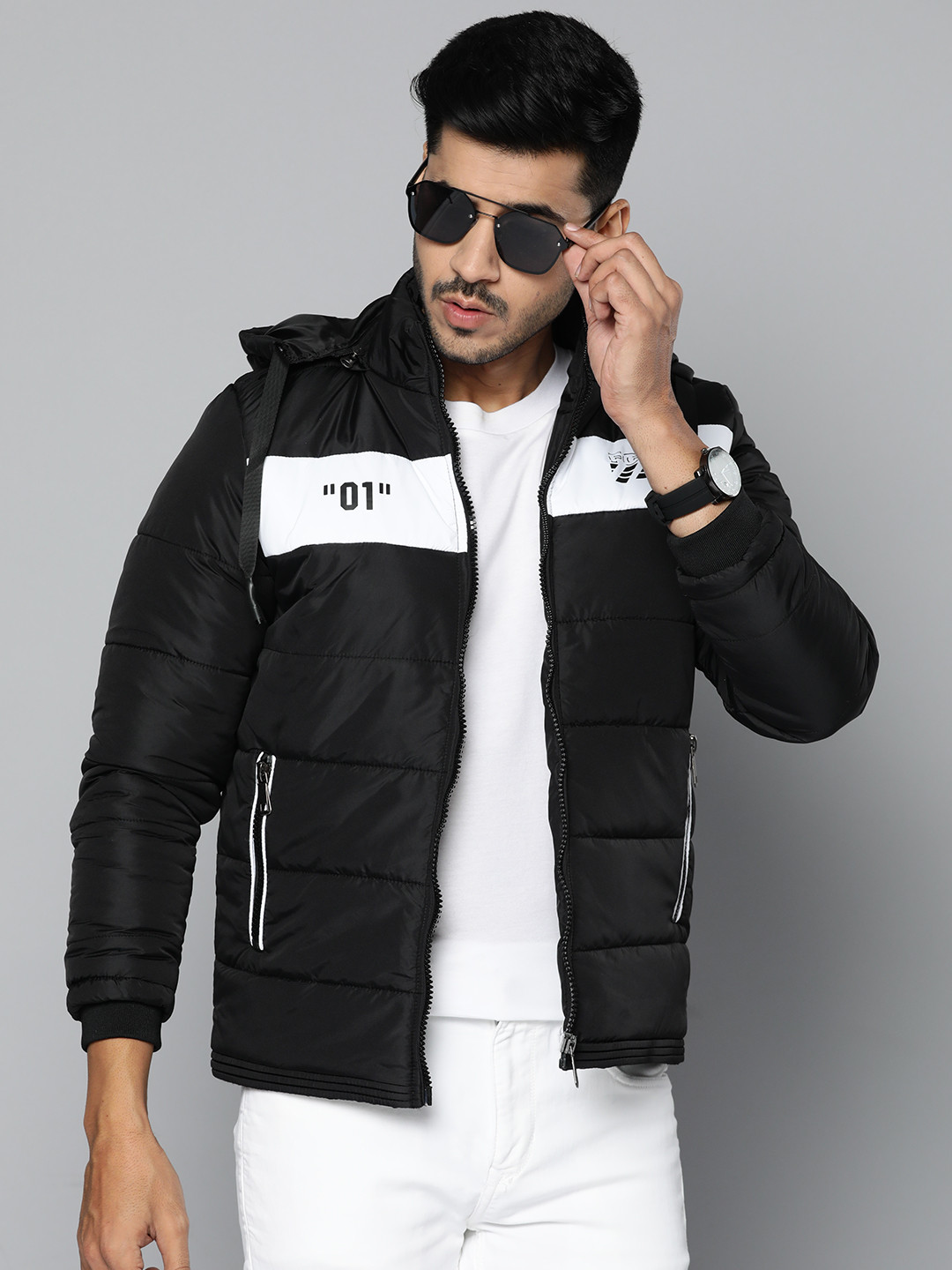 

Fort Collins Men Black & White Striped Padded Jacket With Detachable Hood