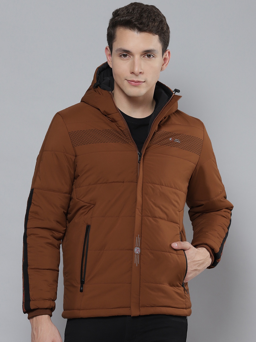 

Fort Collins Men Mustard Brown Printed Detail Hooded Padded Jacket