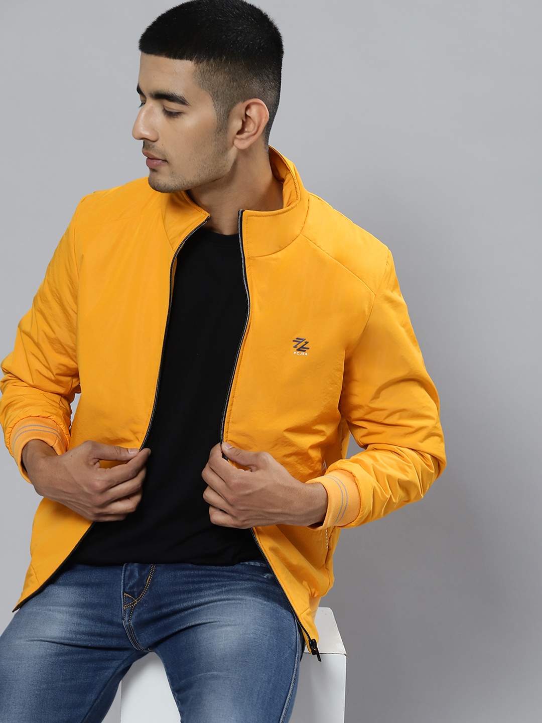 

Fort Collins Men Mustard Yellow Solid Stand Collar Bomber Jacket