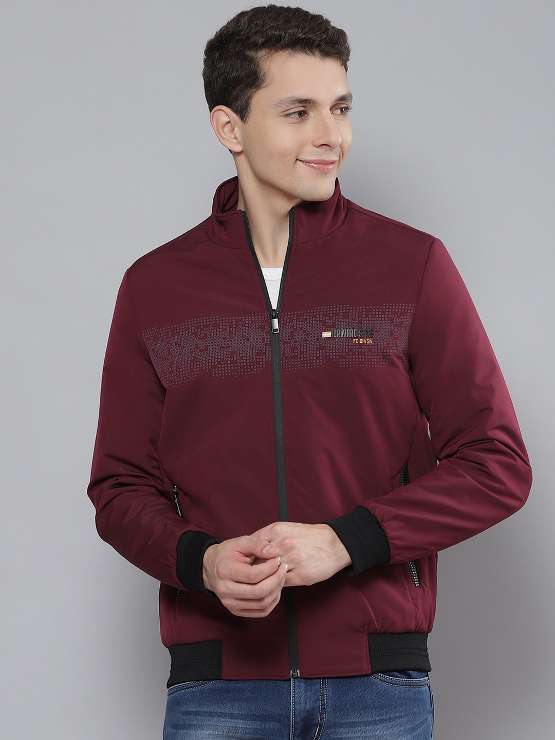 

Fort Collins Men Maroon Printed Bomber Jacket
