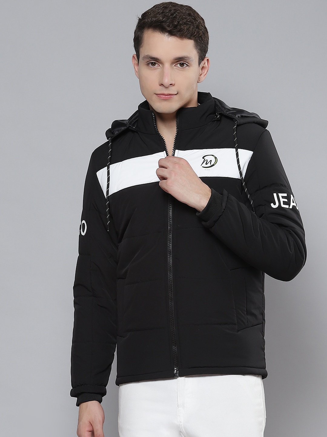 

Fort Collins Men Black & White Striped Padded Jacket with Detachable Hood