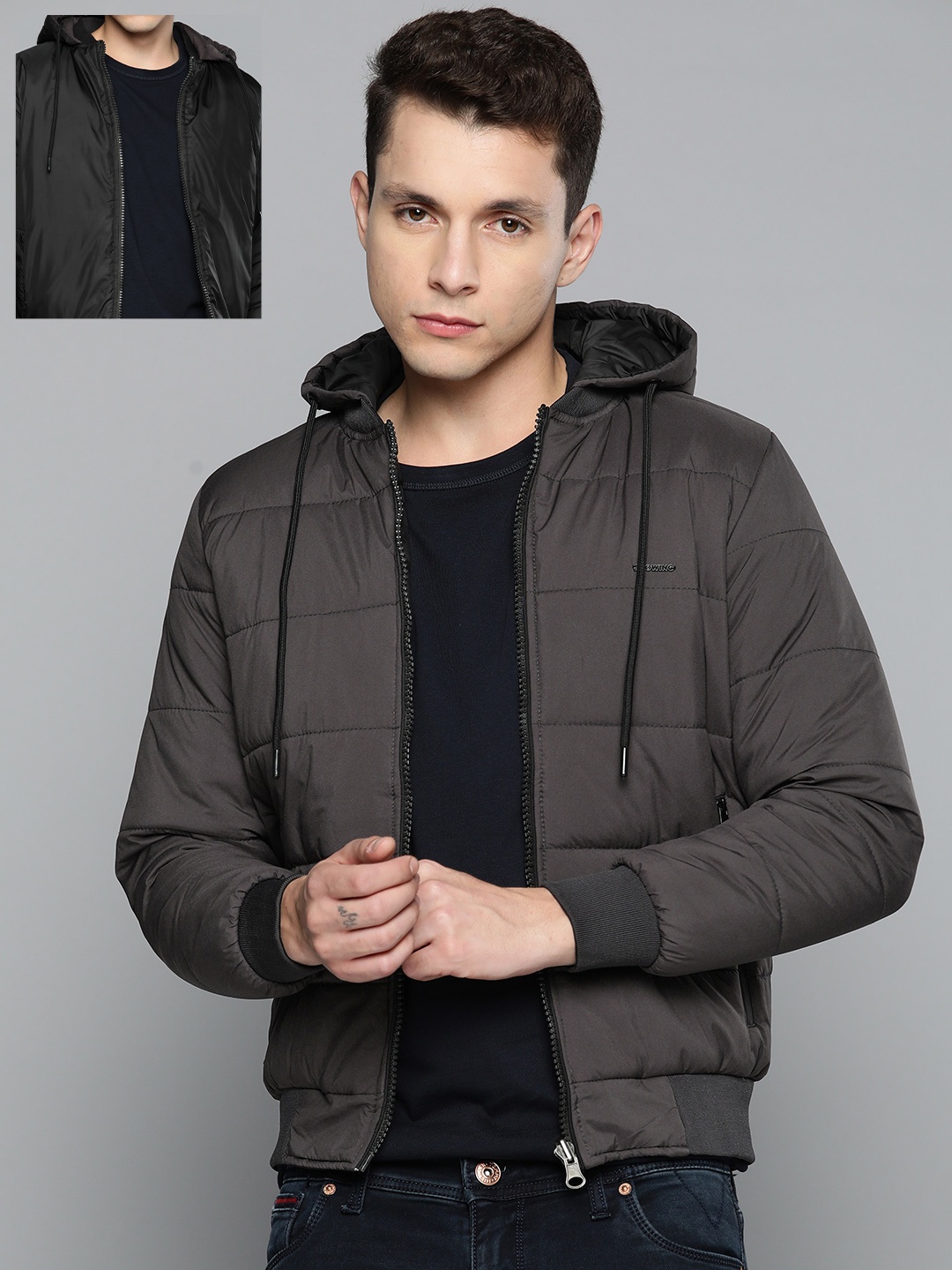 

Fort Collins Men Charcoal Grey & Black Solid Hooded Reversible Bomber Jacket