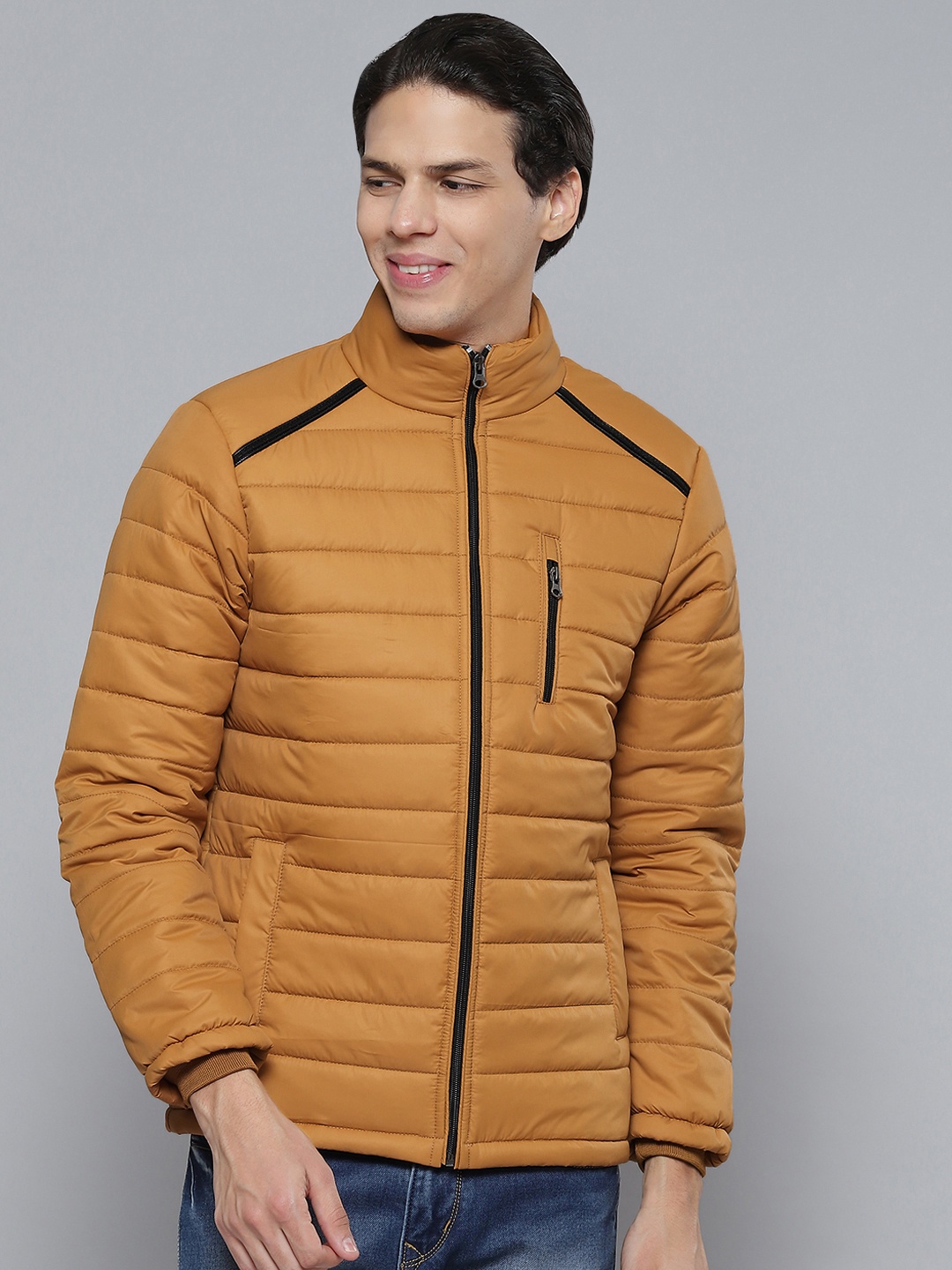 

Fort Collins Men Mustard Brown Stand Collar Padded Jacket