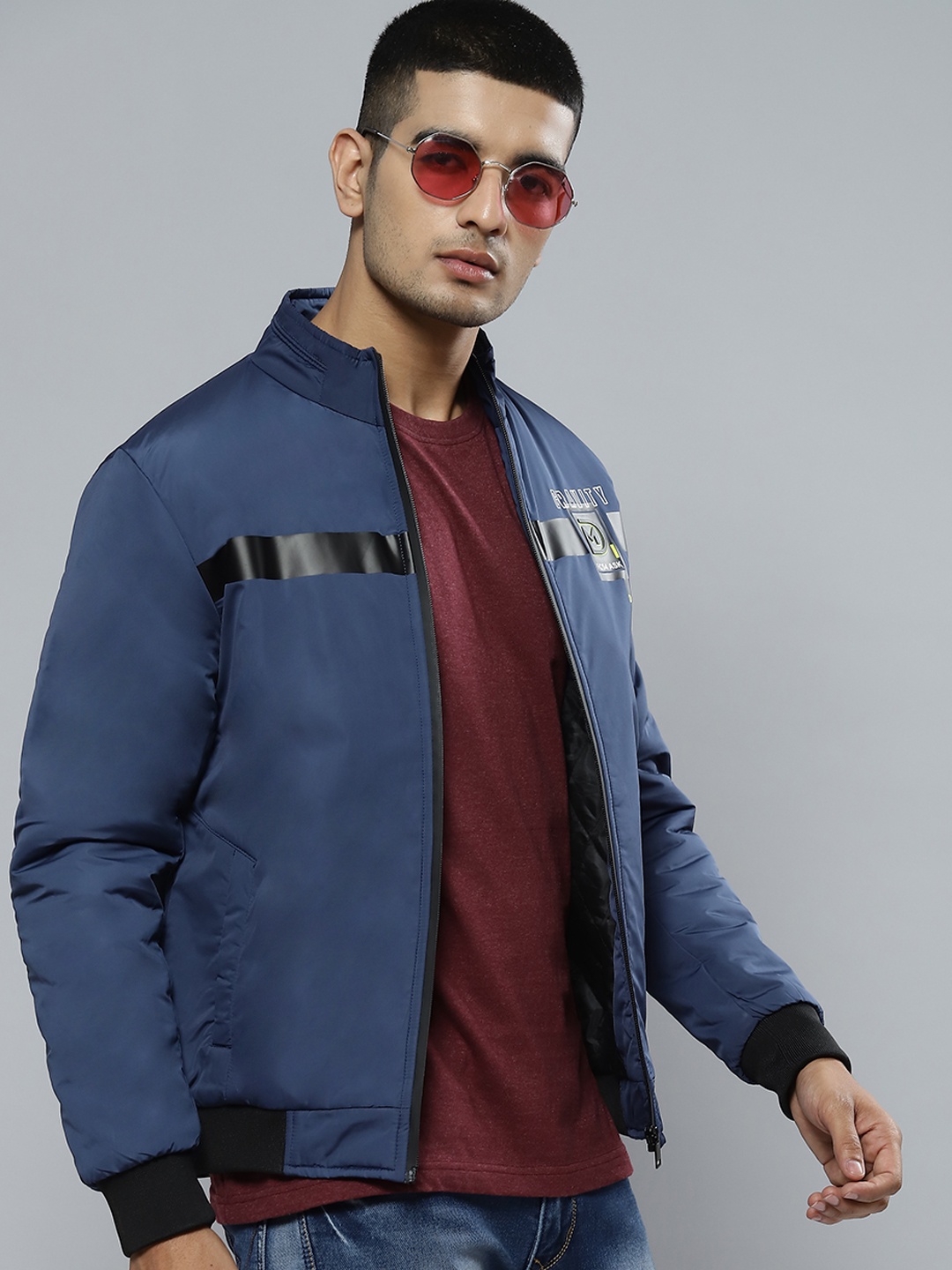 

Fort Collins Men Navy Blue Solid Bomber Jacket