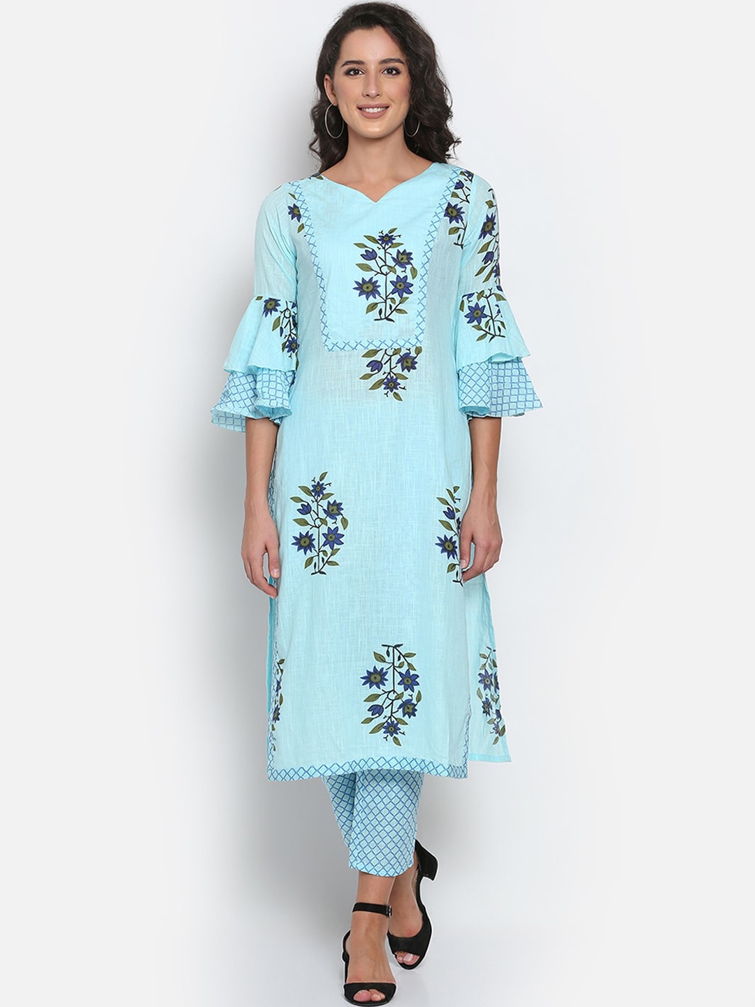 

MARC LOUIS Women Blue Floral Printed Pure Cotton Kurta With Trousers