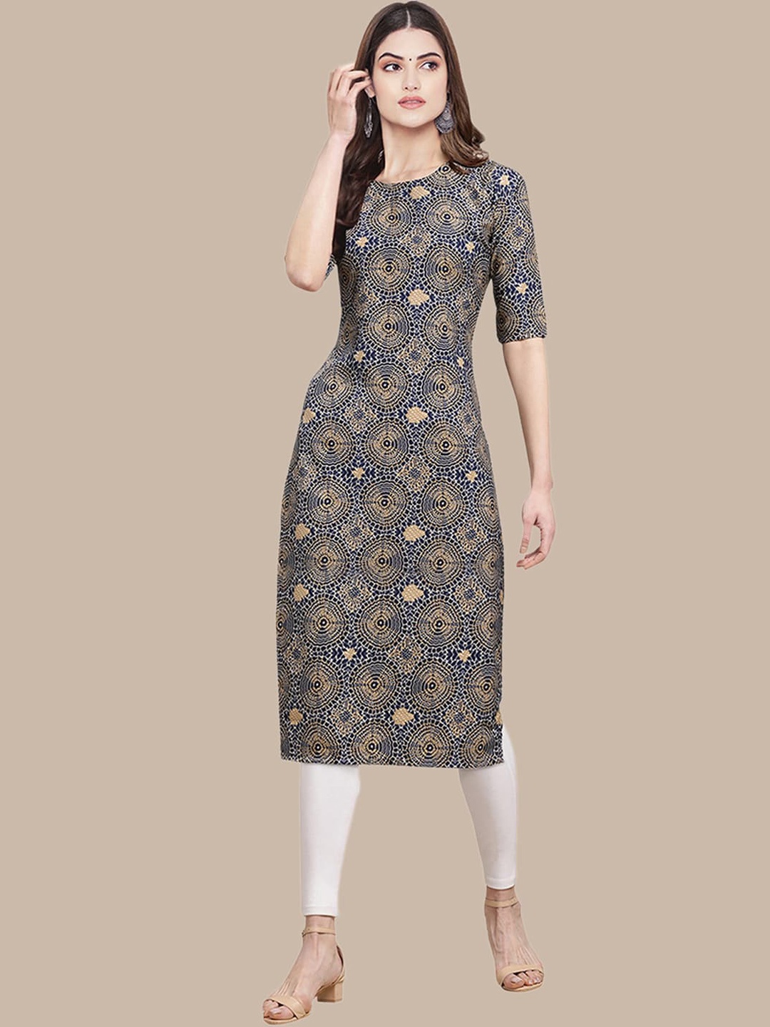 

7Threads Women Navy Blue Geometric Printed Crepe Kurta