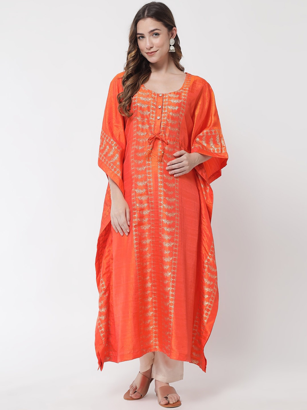

Aujjessa Women Orange Ethnic Motifs Printed Flared Sleeves Maternity Kaftan Kurta