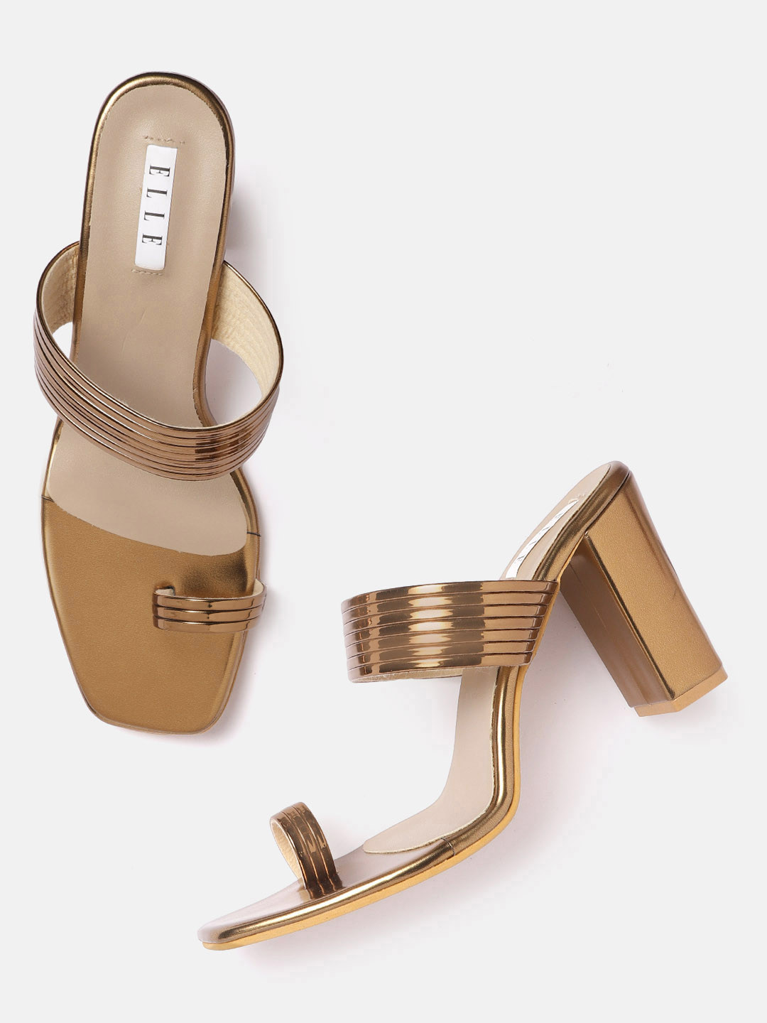 

ELLE Copper-Toned Self Striped One Toe Block Heels