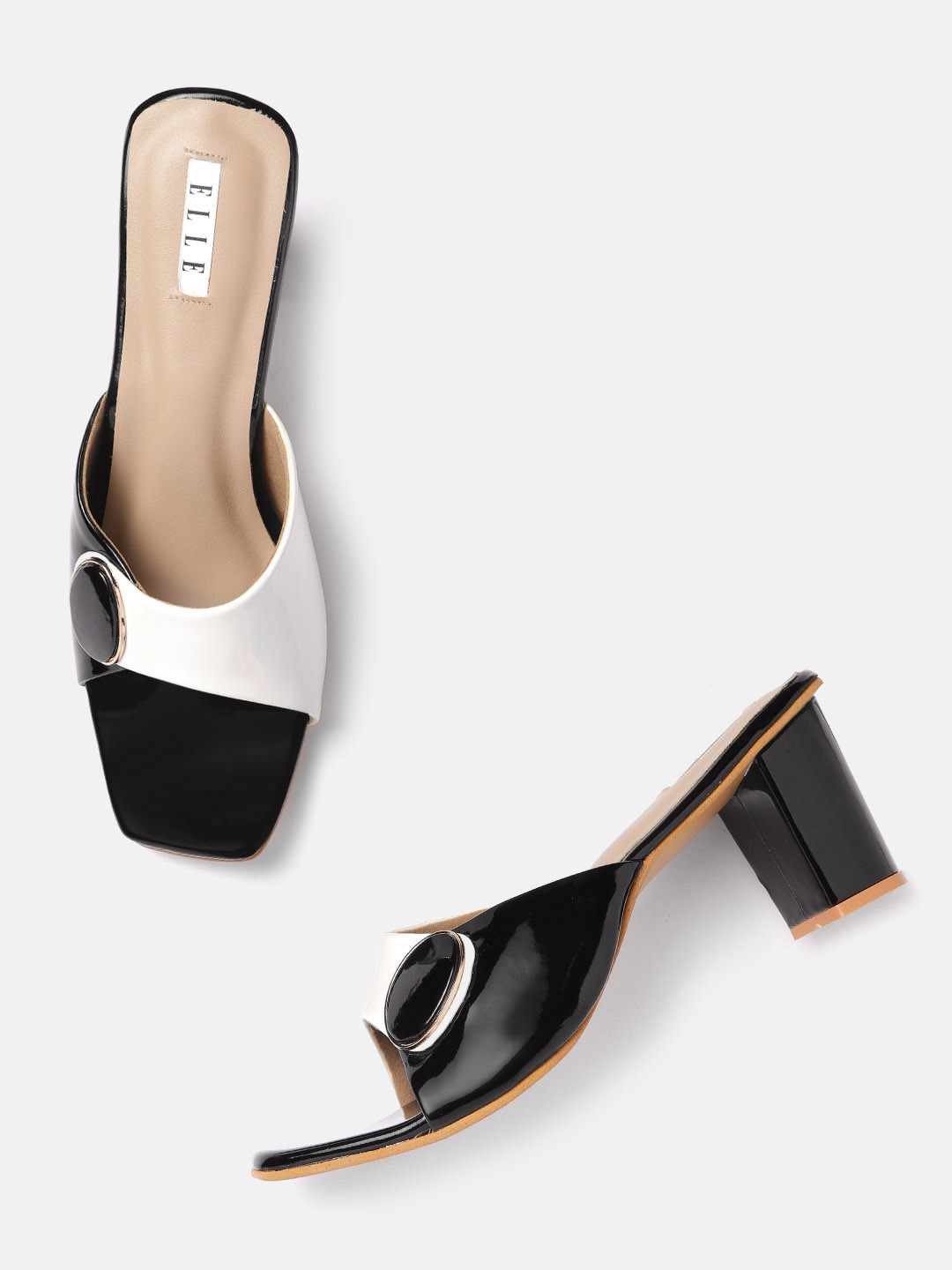 

ELLE White & Black Colourblocked Block Heels with Metallic Detail