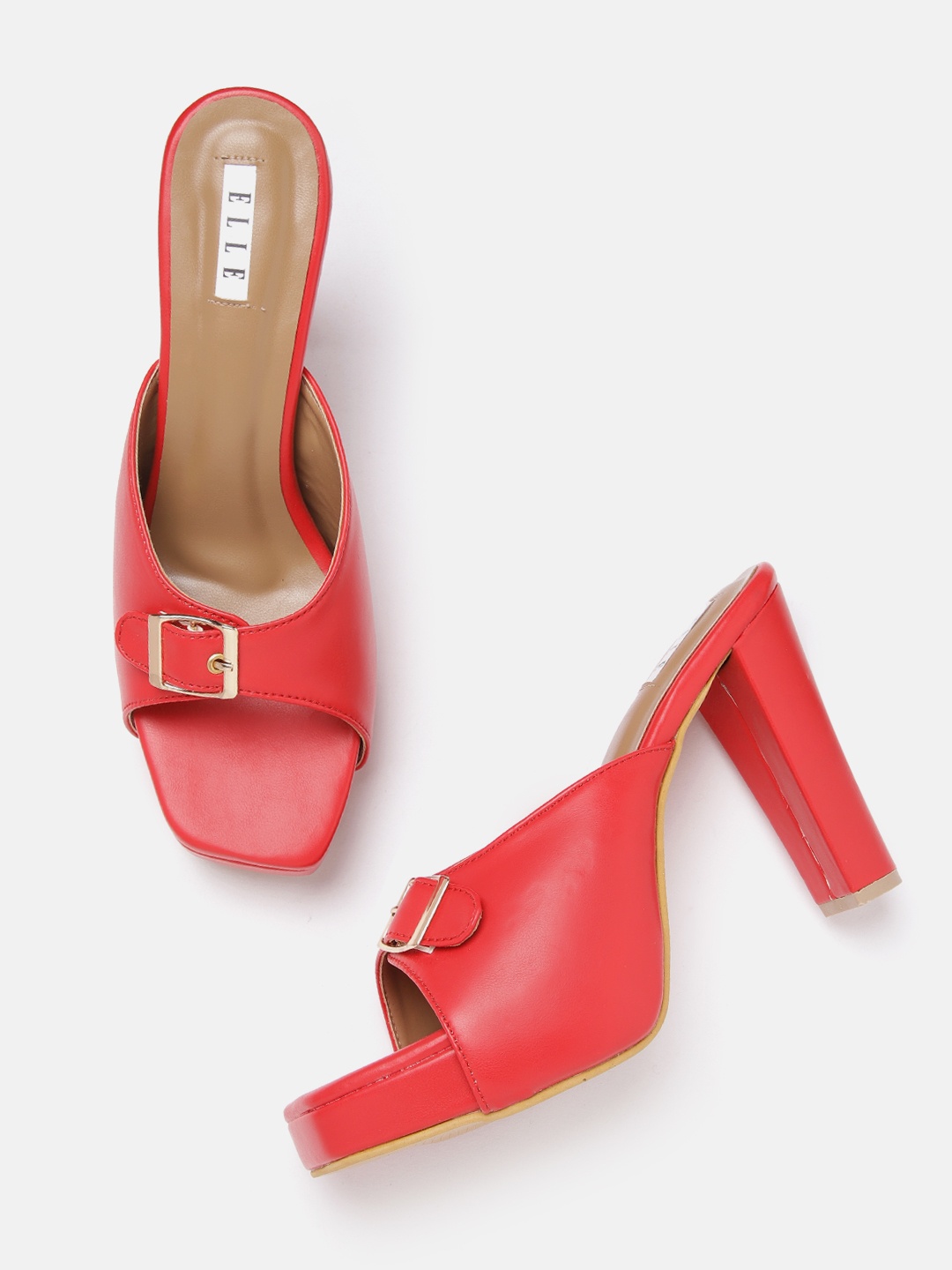 

ELLE Solid Block Heels with Buckles Detail, Red